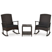 3 Piece Patio Rocking Set Wicker Rocking Chairs with 2-Tier Coffee Table-Black