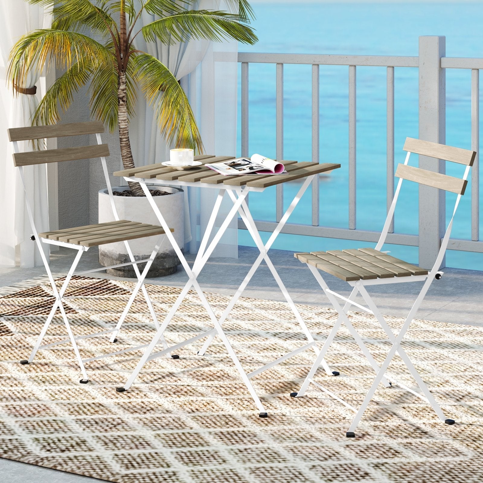 3 Piece Patio Acacia Wood Bistro Set with Slatted Seat and Tabletop-Brown