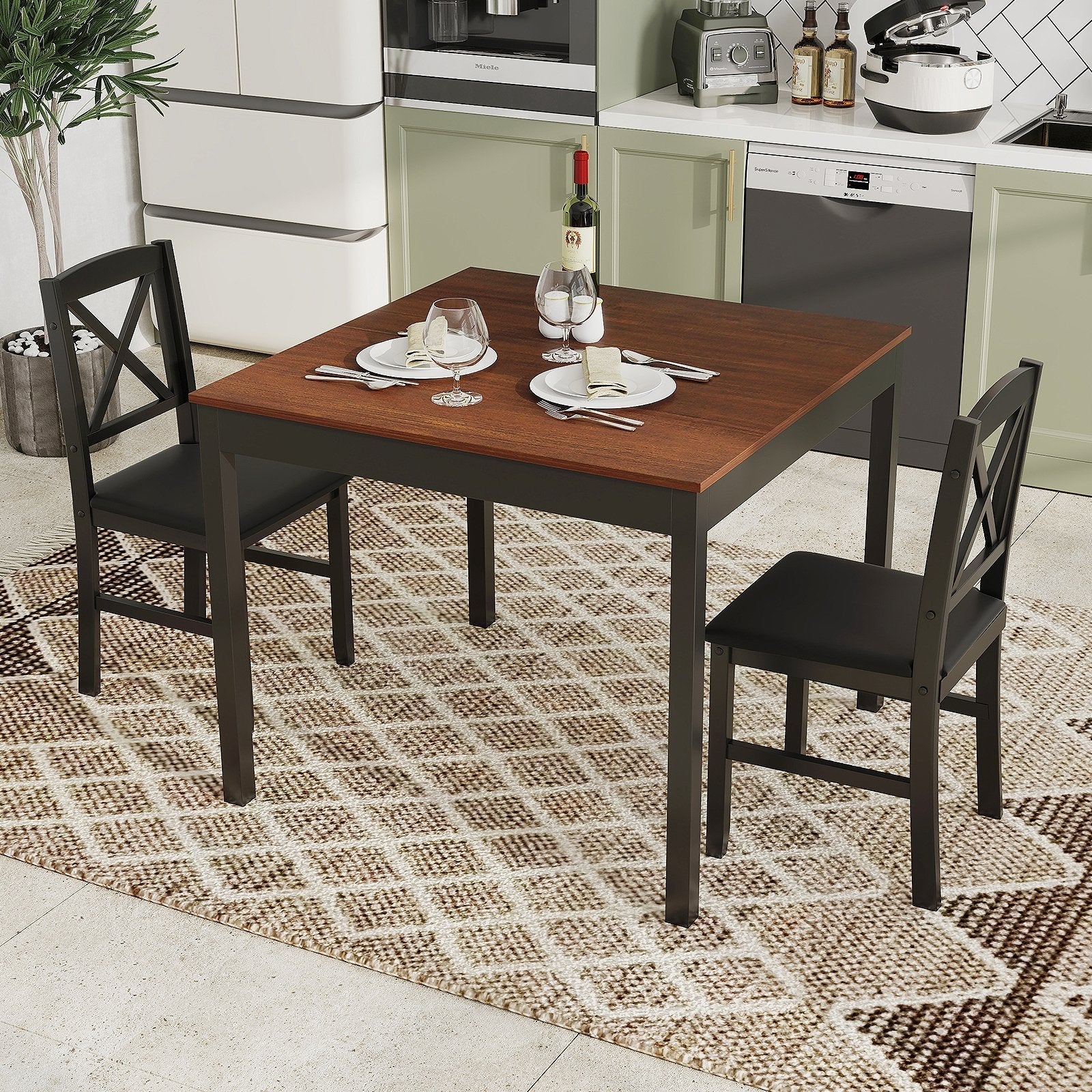 3-Piece Dining Table Set Wooden Square Kitchen Table for 2 People-Brown