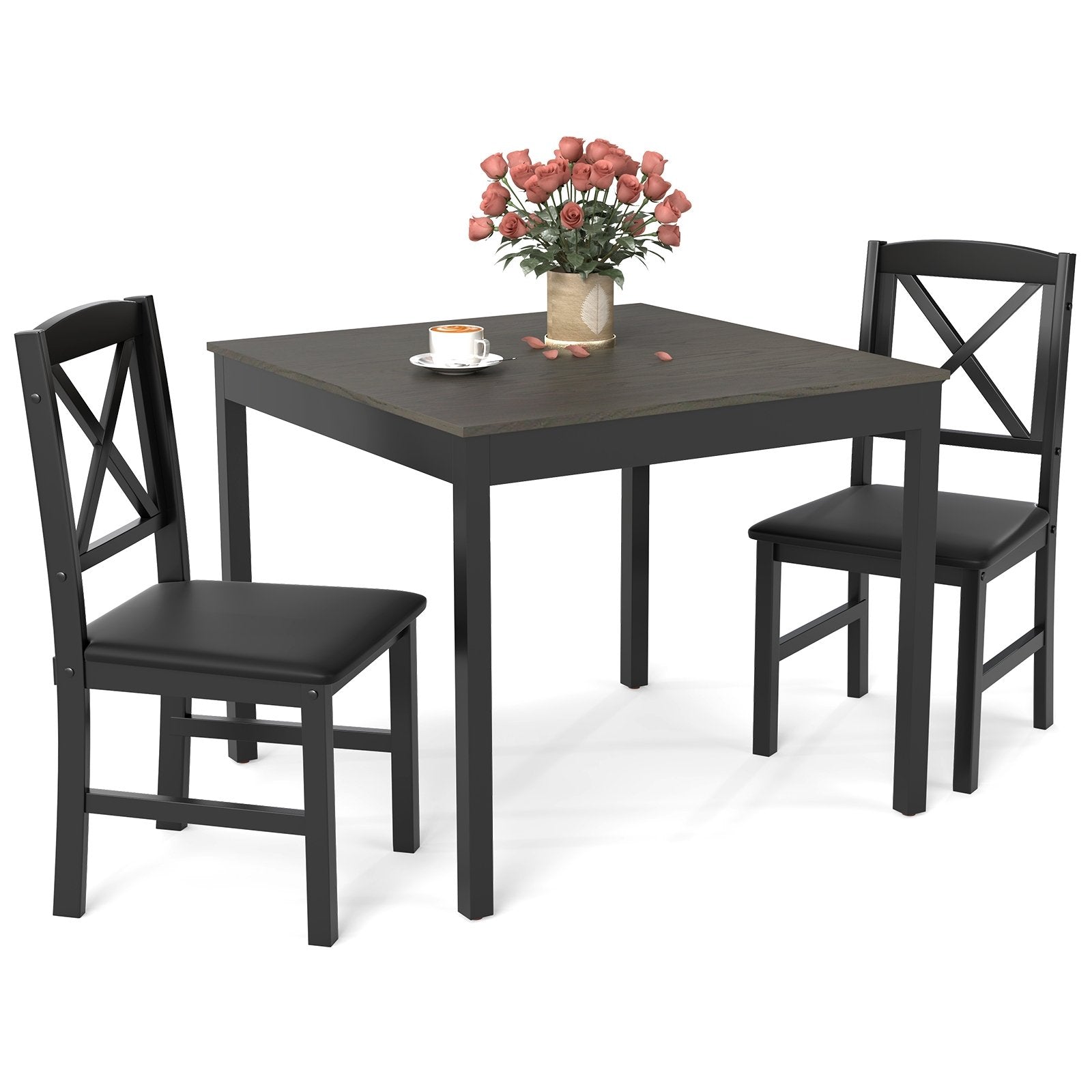 3-Piece Dining Table Set Wooden Square Kitchen Table for 2 People-Brown