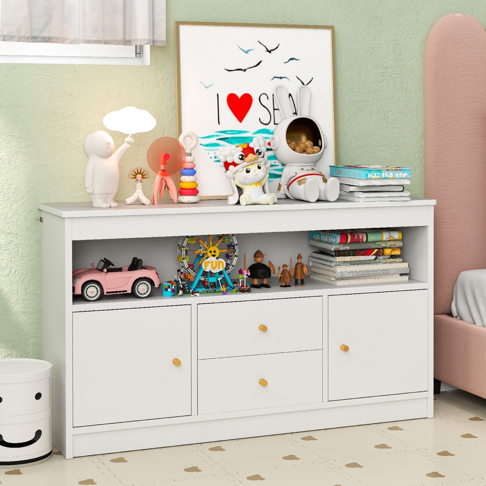 Kids Toy Storage Organizer with Open Shelf and 2 Drawers for Playroom-Natural
