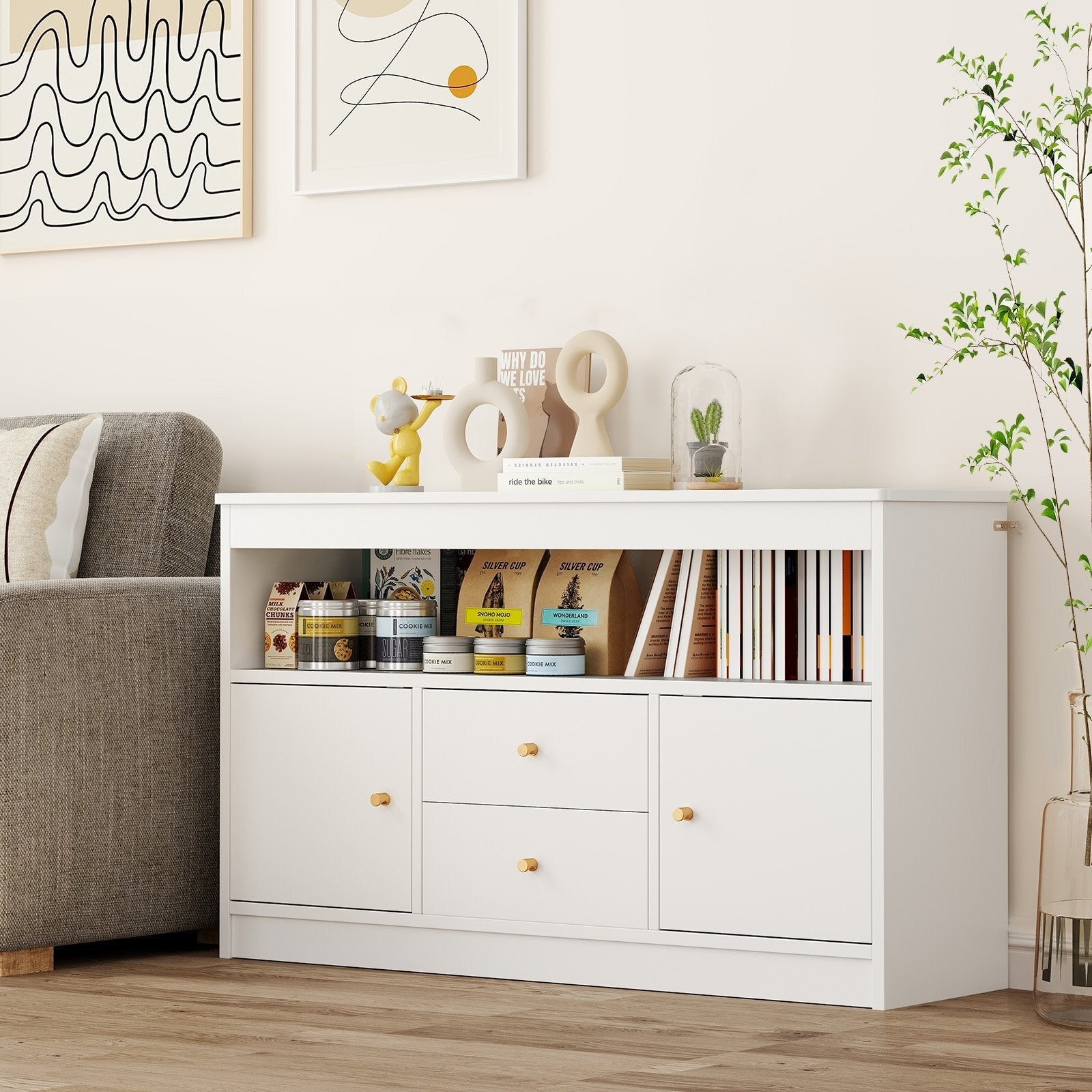 Kids Toy Storage Organizer with Open Shelf and 2 Drawers for Playroom-Natural