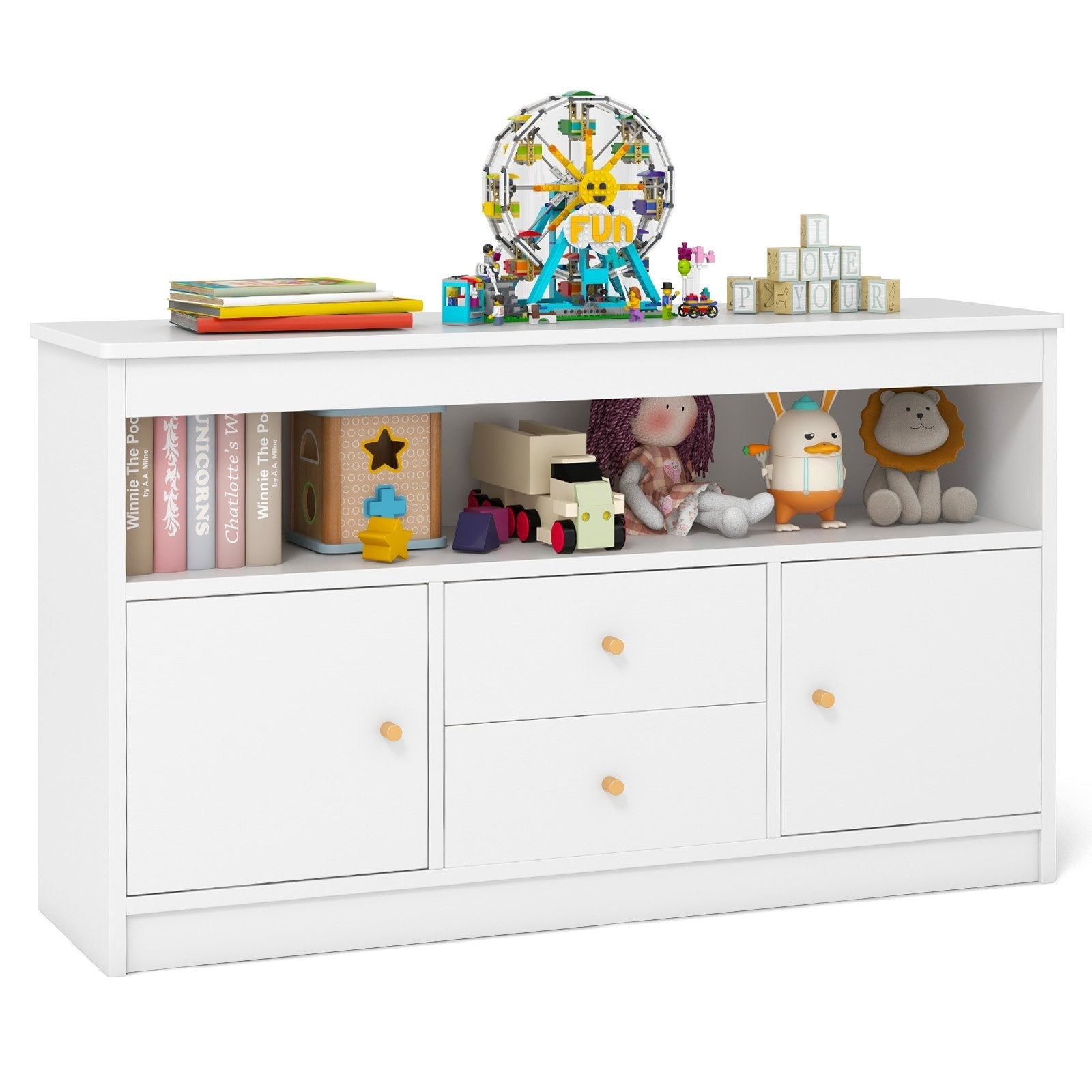 Kids Toy Storage Organizer with Open Shelf and 2 Drawers for Playroom-Natural