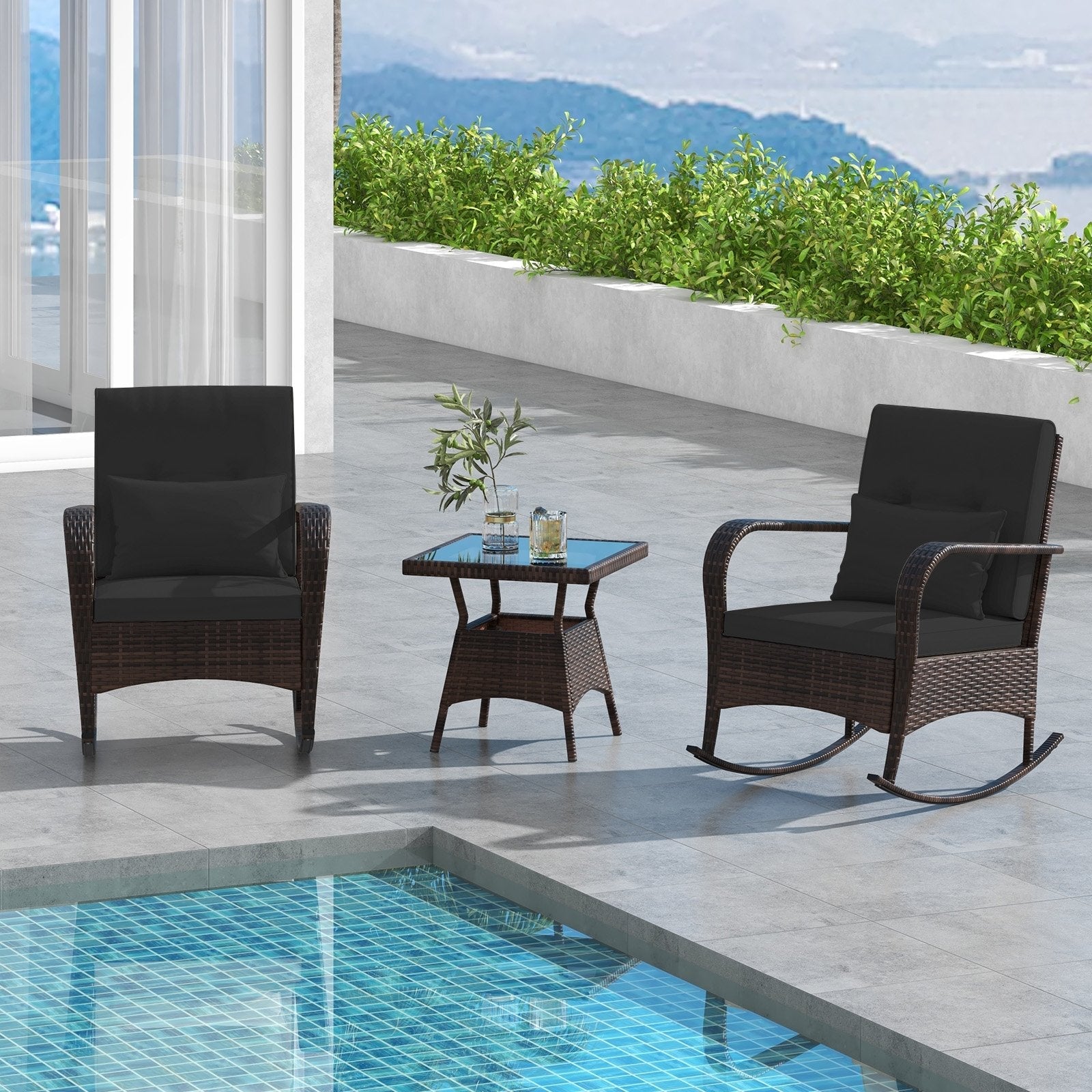 3 Pieces Outdoor Rocking Set with Tempered Glass Coffee Table for Backyard Poolside-Black