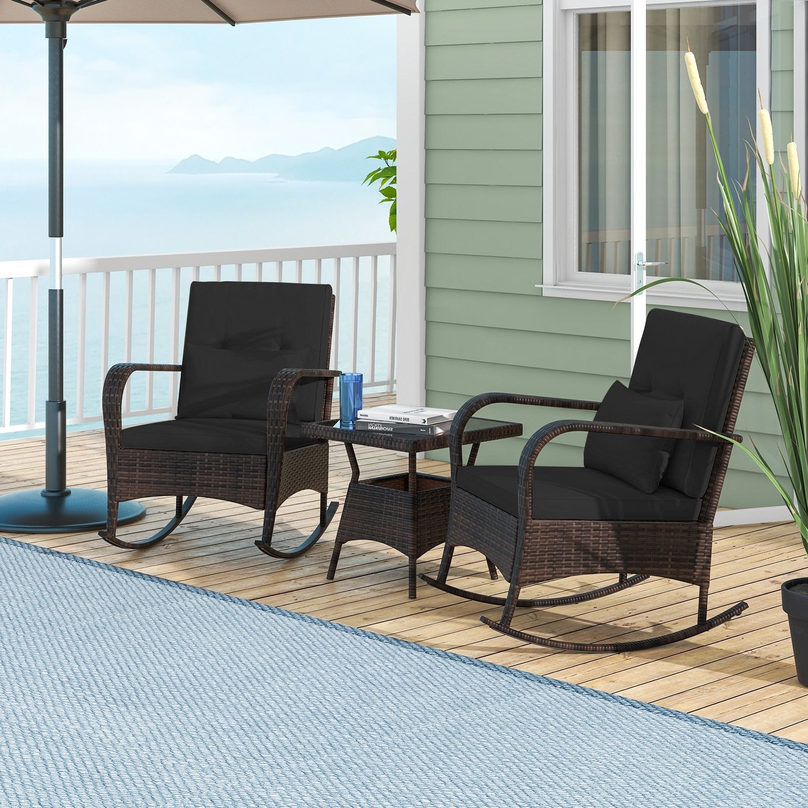 3 Pieces Outdoor Rocking Set with Tempered Glass Coffee Table for Backyard Poolside-Black