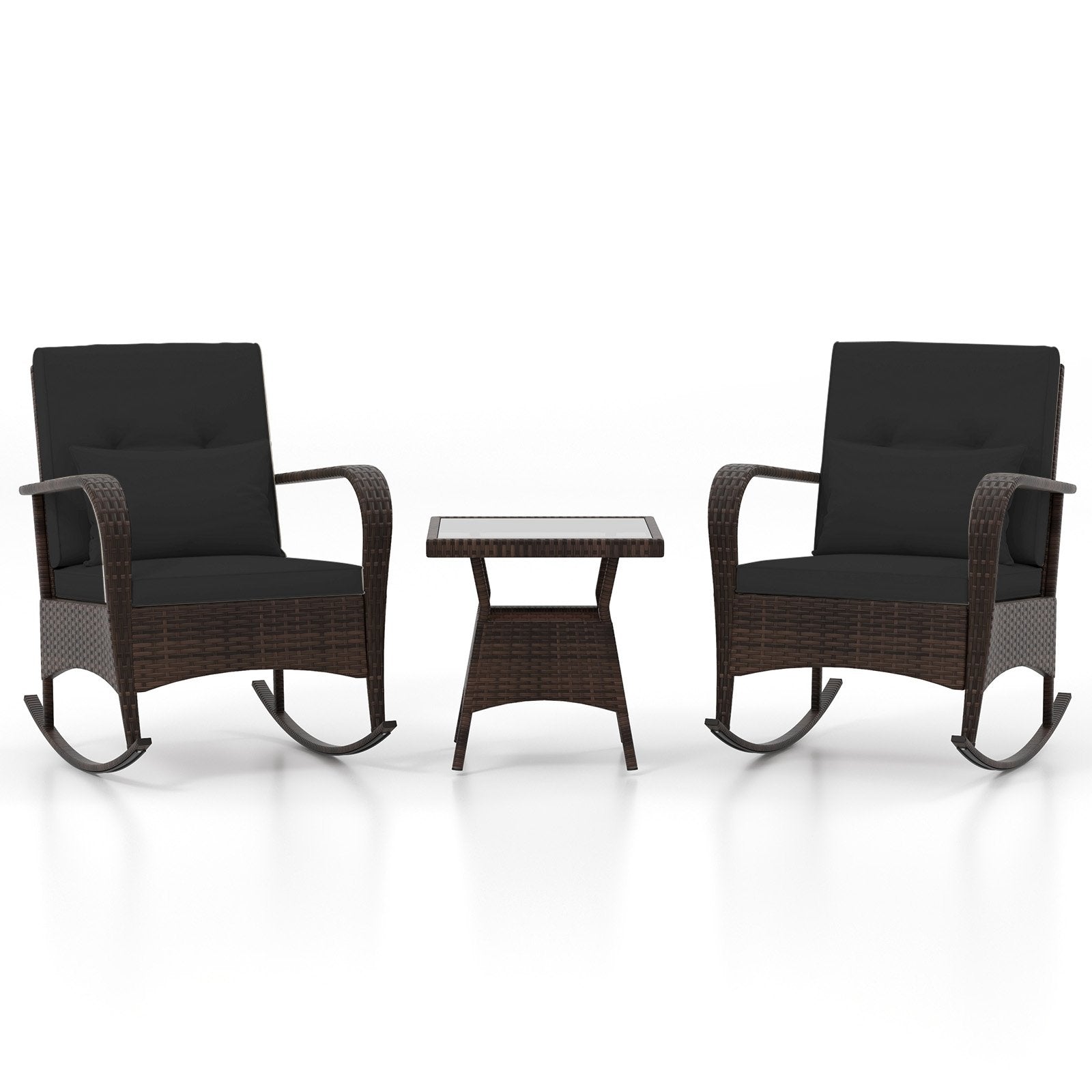 3 Pieces Outdoor Rocking Set with Tempered Glass Coffee Table for Backyard Poolside-Black