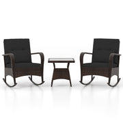 3 Pieces Outdoor Rocking Set with Tempered Glass Coffee Table for Backyard Poolside-Black
