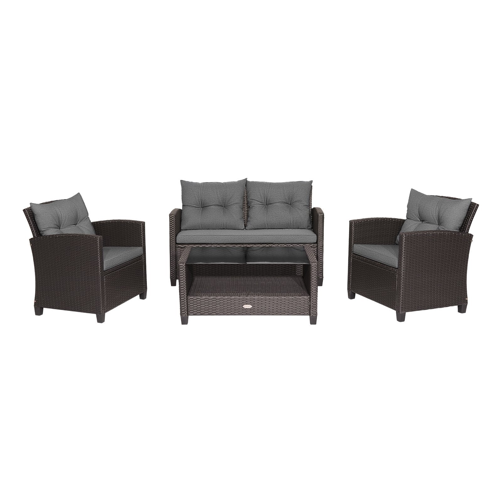 4 Pieces Outdoor Rattan Armrest Furniture Set Table with Lower Shelf-Beige