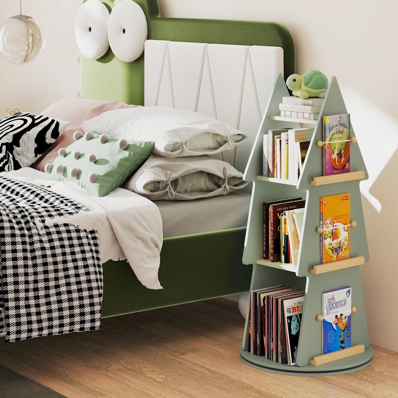 4 Tier Tree Shape Kids Rotating Bookshelf 360° Display Rack Storage Organizer-Green