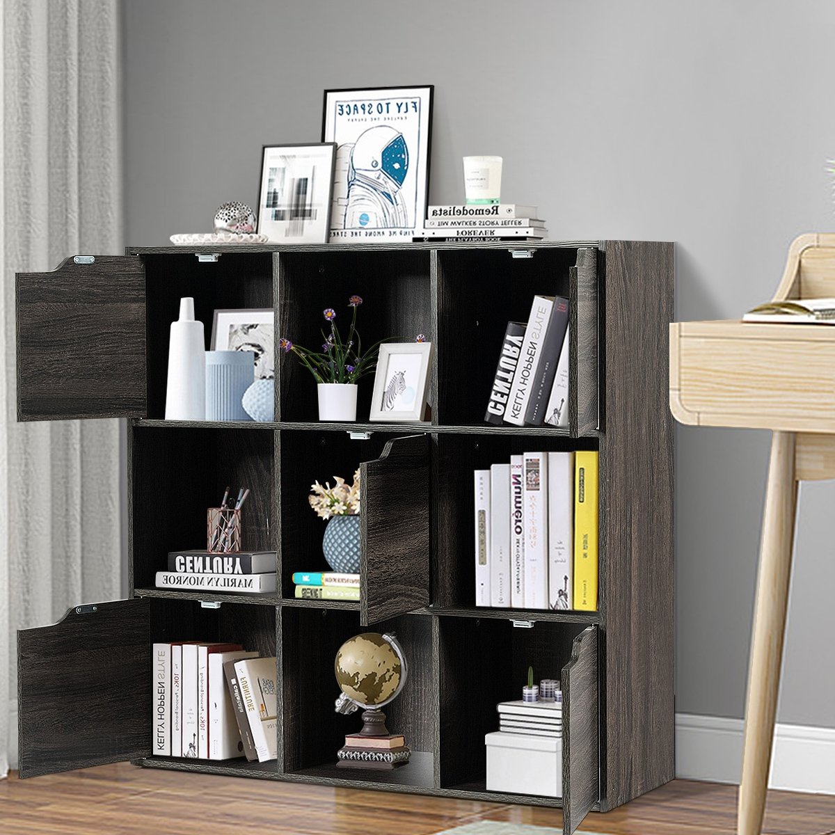 9-Cube Wooden Freestanding Bookcase for Home and Office-Gray