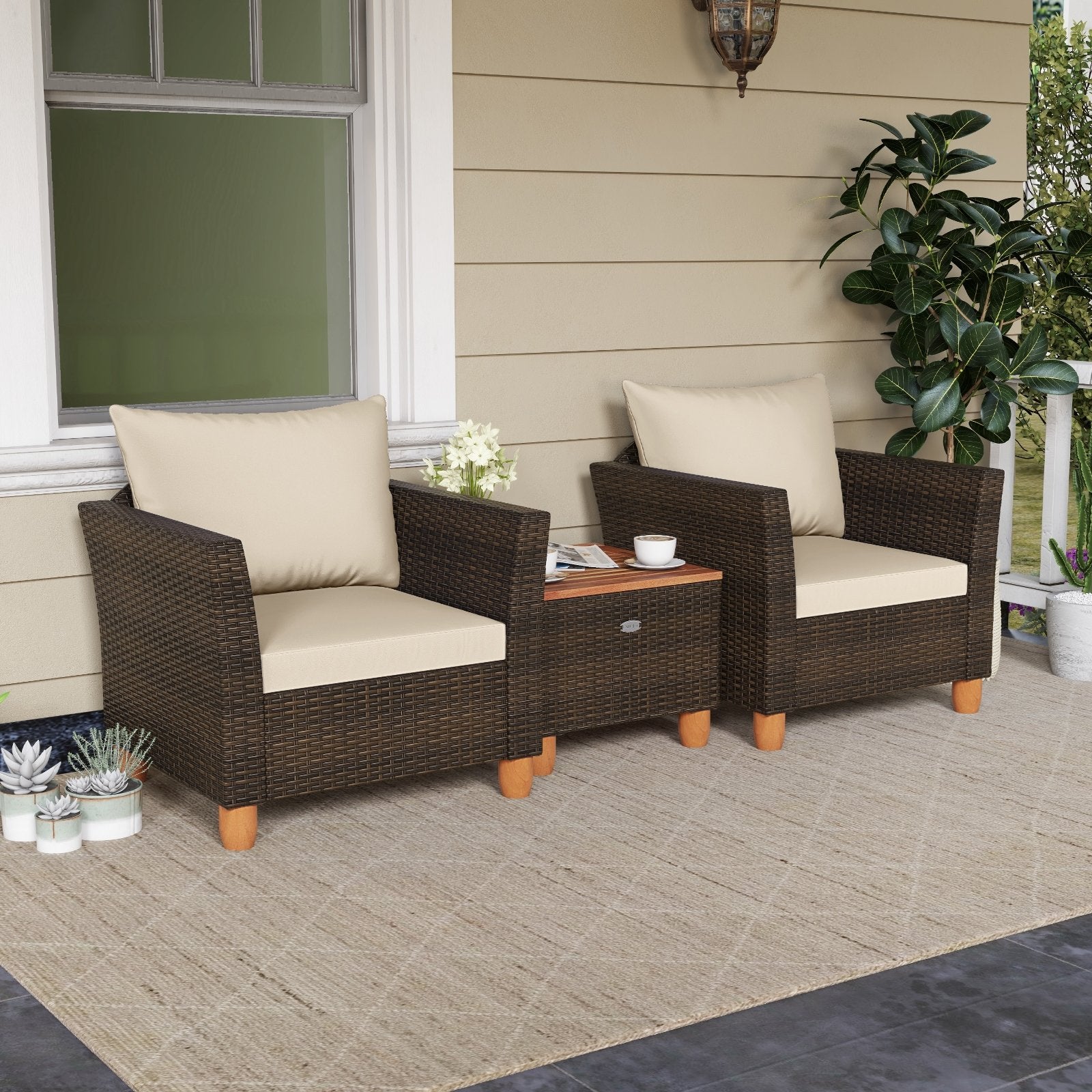 3 Pieces Patio PE Wicker Furniture Set with Cushions and Acacia Wood Storage Coffee Table-Beige