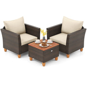 3 Pieces Patio PE Wicker Furniture Set with Cushions and Acacia Wood Storage Coffee Table-Beige
