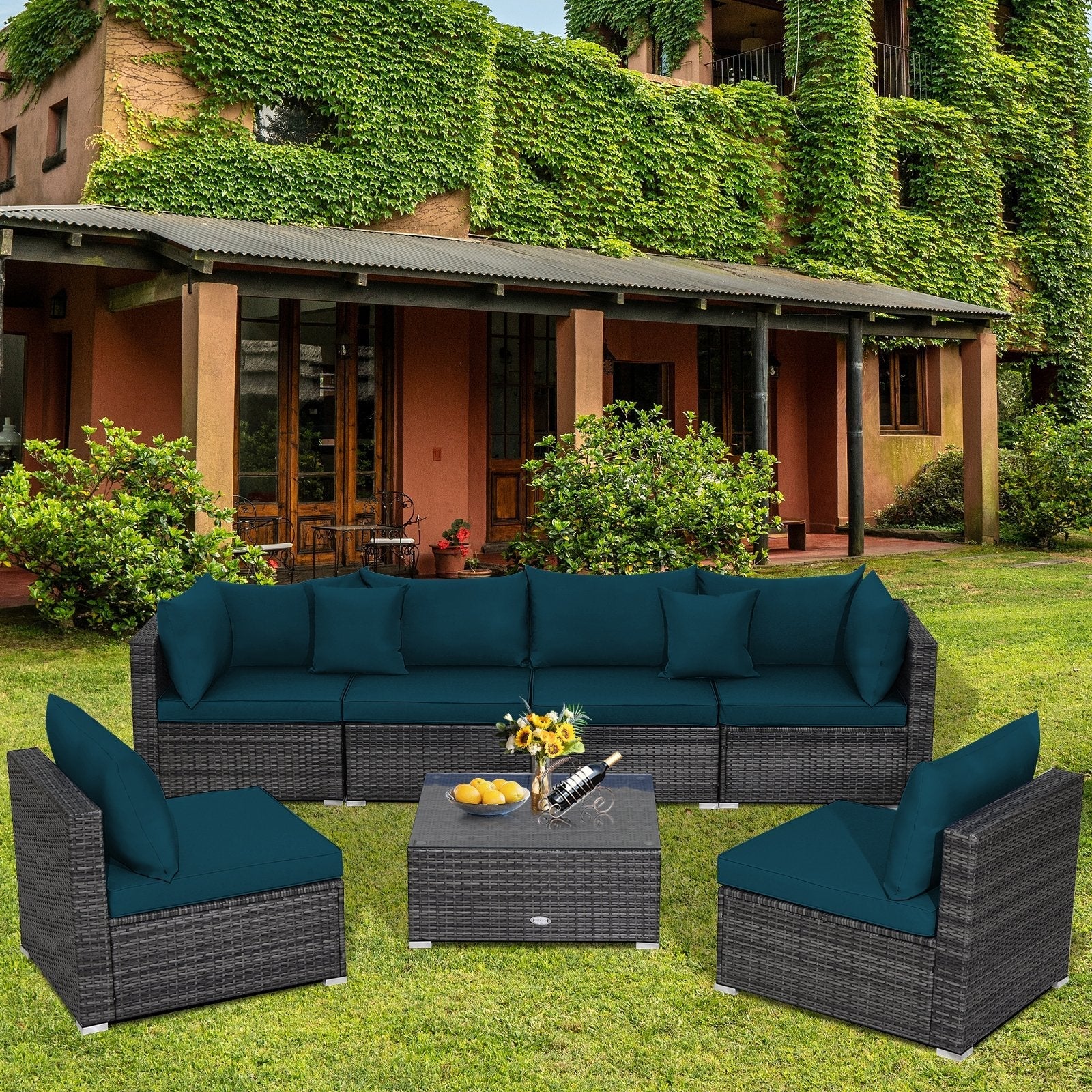 7 Pieces Patio Rattan Furniture Set with Sectional Sofa Cushioned-Beige
