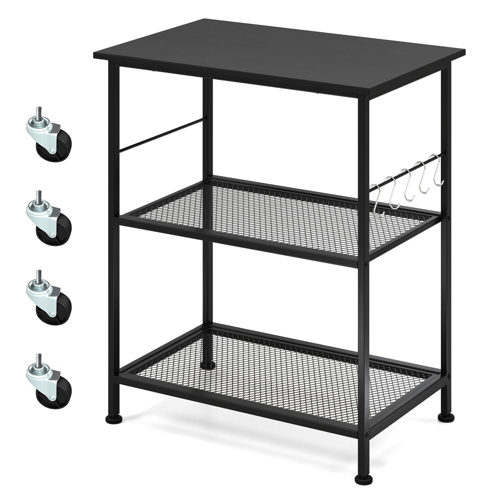3-Tier Kitchen Serving Cart Utility Standing Microwave Rack with Hooks-Black