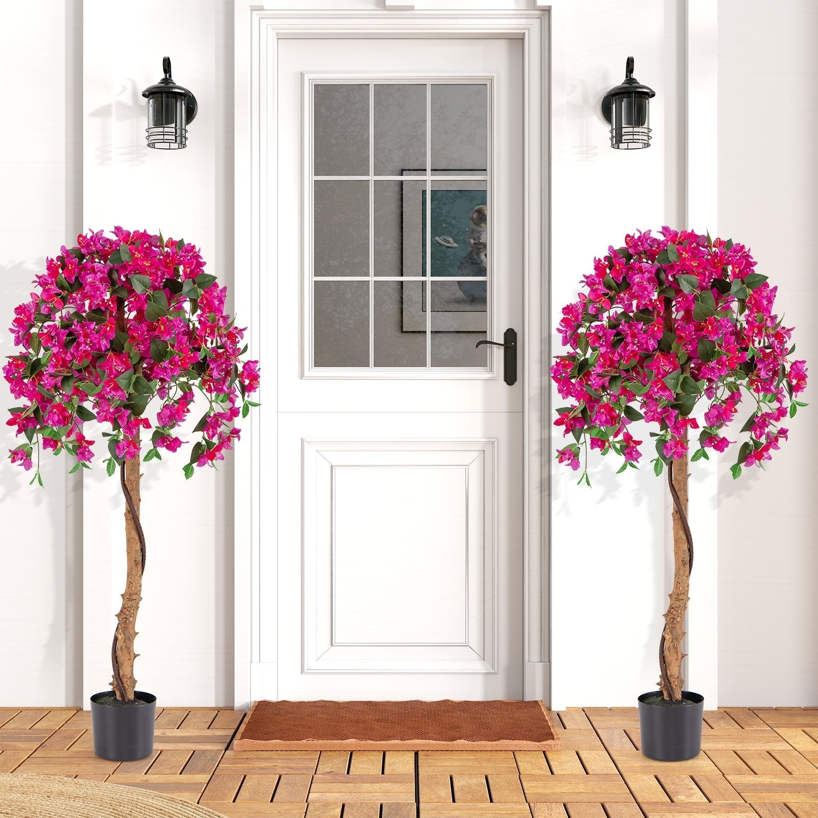 Set of 2 4.5 Feet Artificial Azalea Tree with Cement Pot-Red