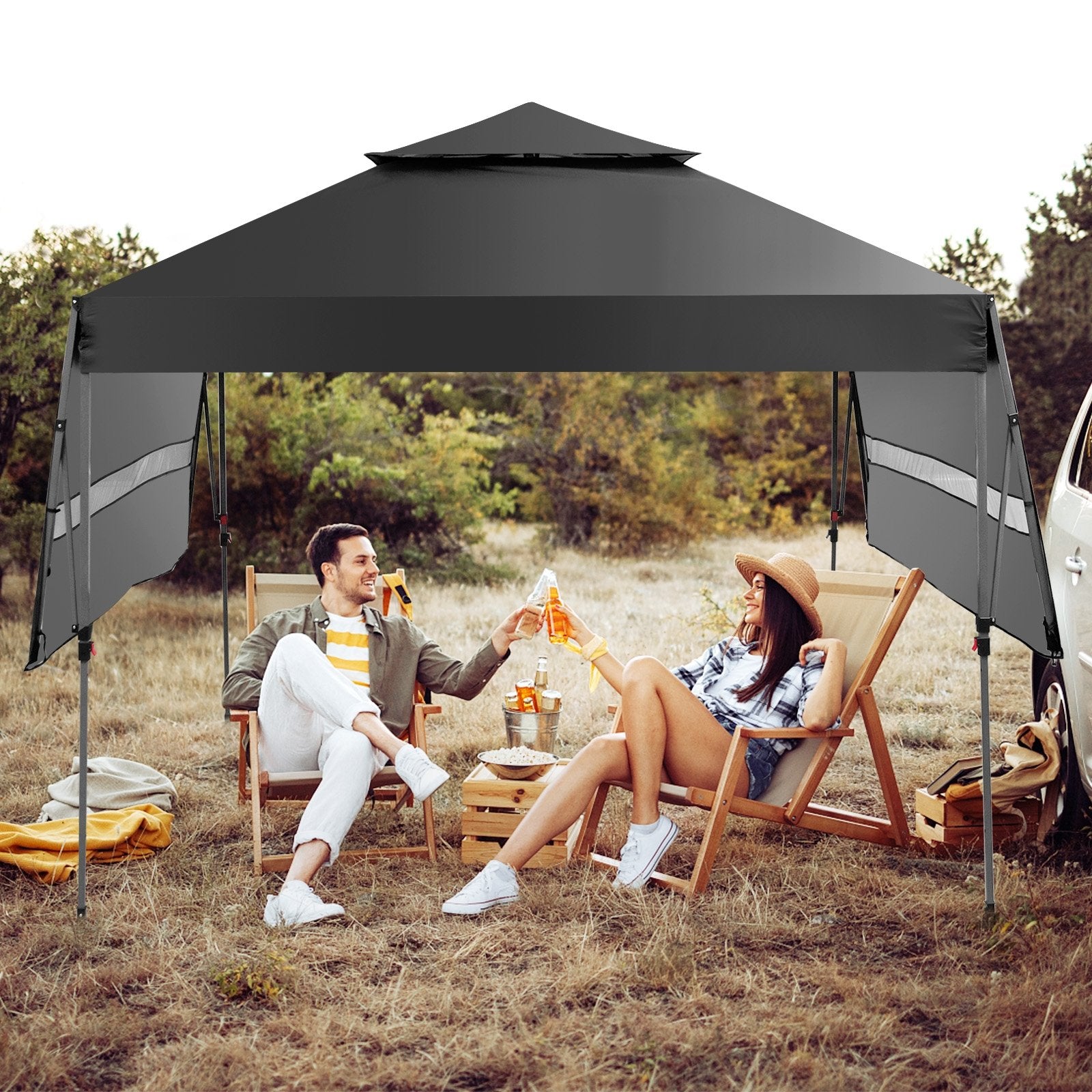 10 x 17.6 Feet Outdoor Instant Pop-up Canopy Tent with Dual Half Awnings-Black