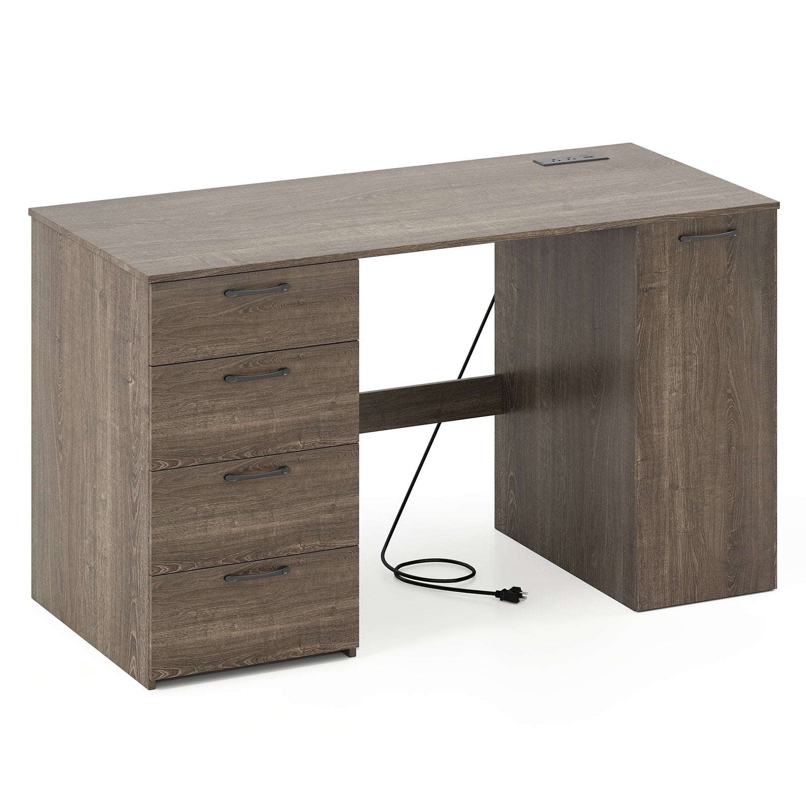 53 Inches Computer Desk with Power Outlets and 4 Storage Drawers-Gray