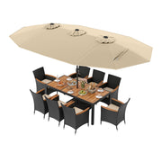 10 Piece Outdoor Dining Set with 15 Feet Double-Sided Twin Umbrella-Beige