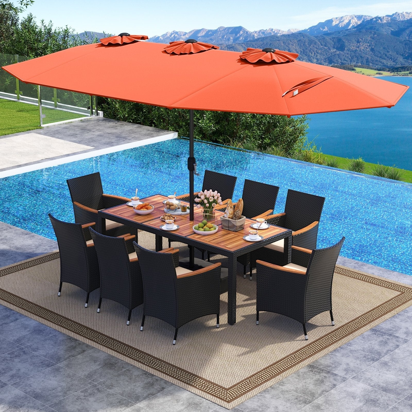 10 Piece Outdoor Dining Set with 15 Feet Double-Sided Twin Umbrella-Beige