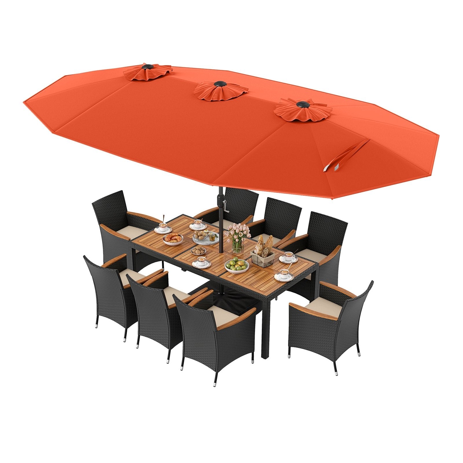 10 Piece Outdoor Dining Set with 15 Feet Double-Sided Twin Umbrella-Beige