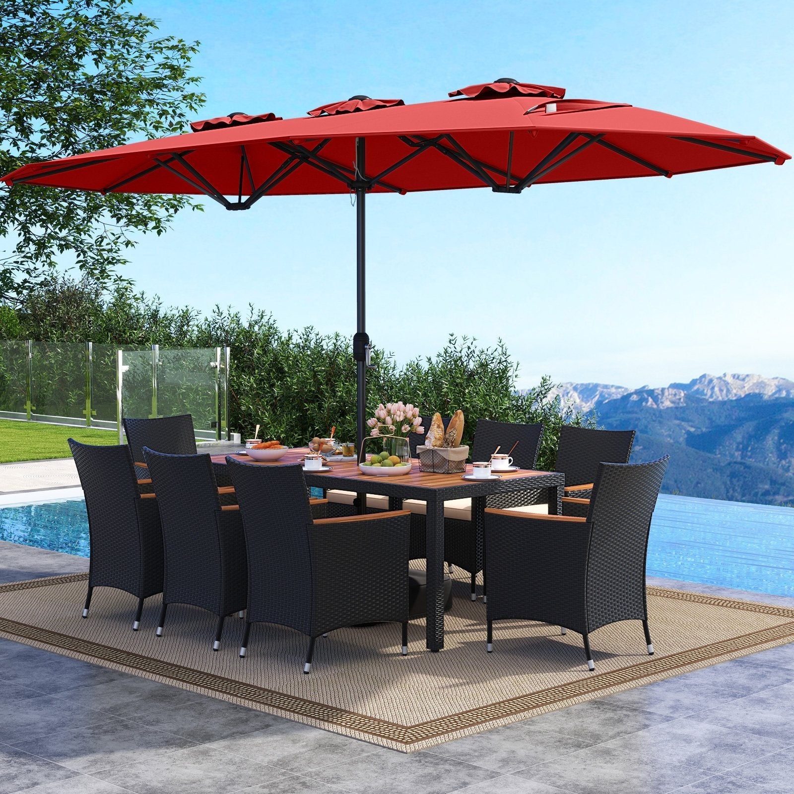 10 Piece Outdoor Dining Set with 15 Feet Double-Sided Twin Umbrella-Beige