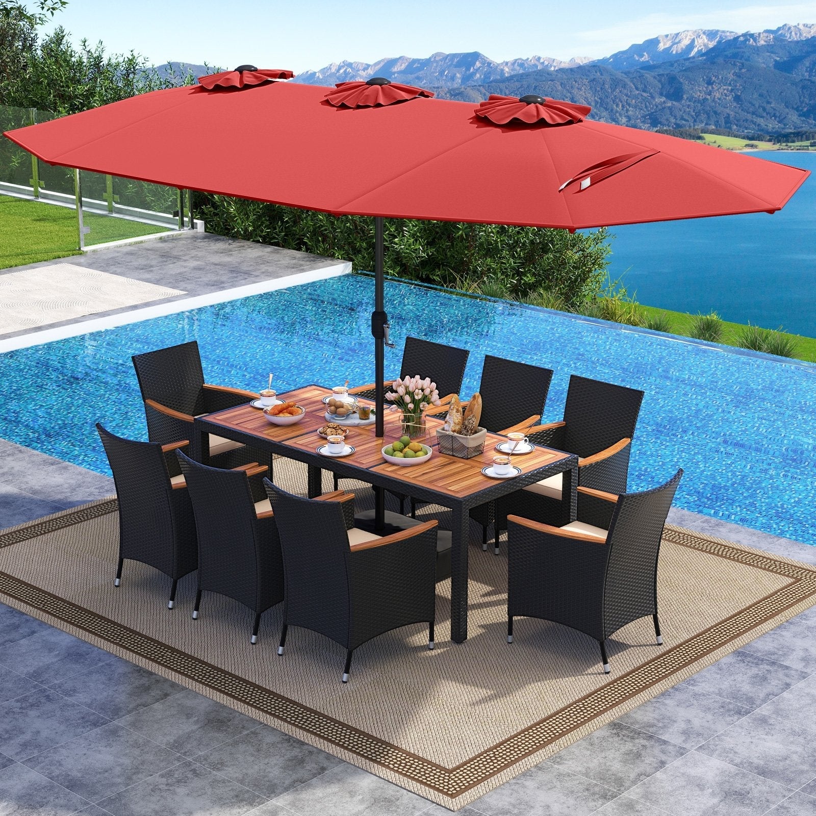 10 Piece Outdoor Dining Set with 15 Feet Double-Sided Twin Umbrella-Beige