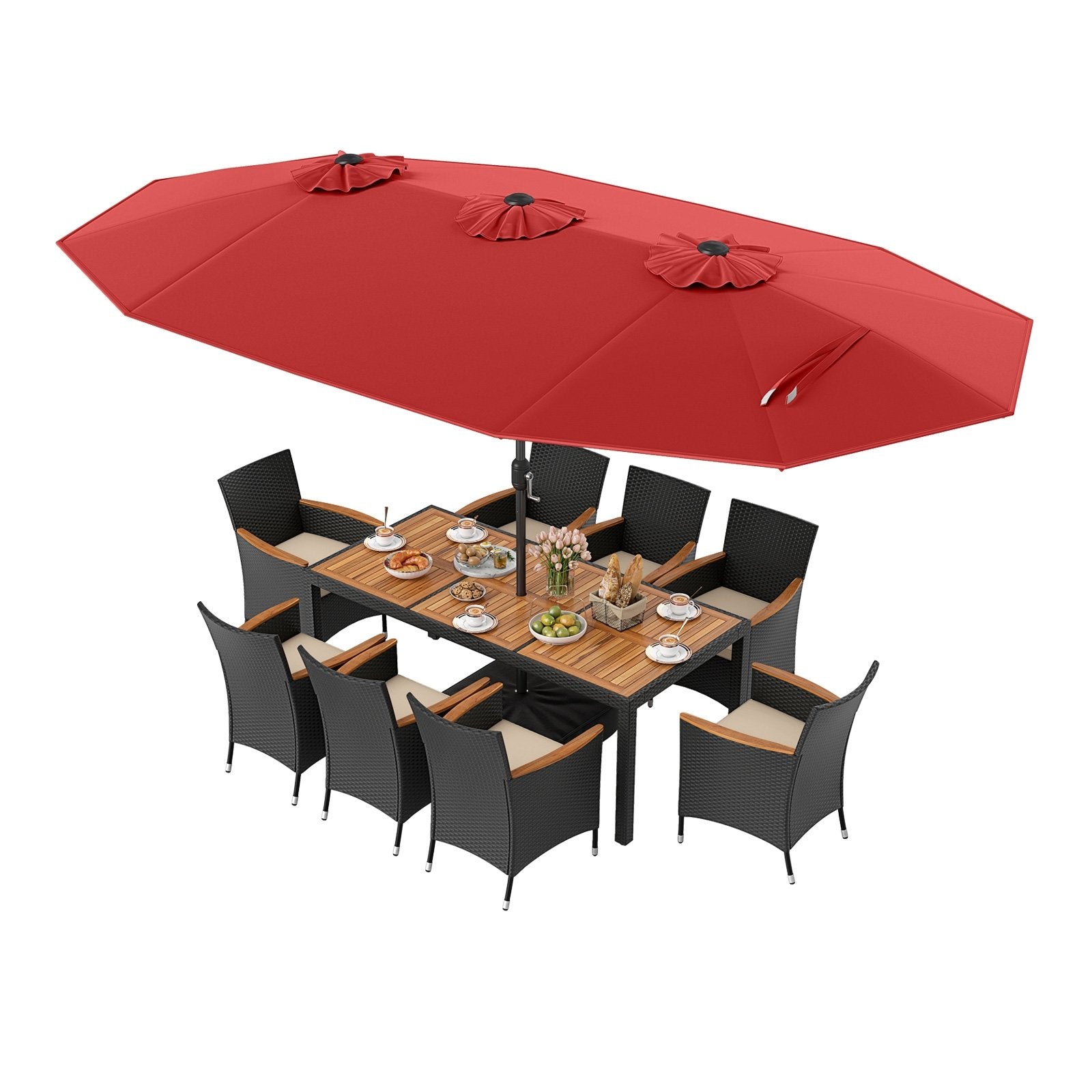 10 Piece Outdoor Dining Set with 15 Feet Double-Sided Twin Umbrella-Beige