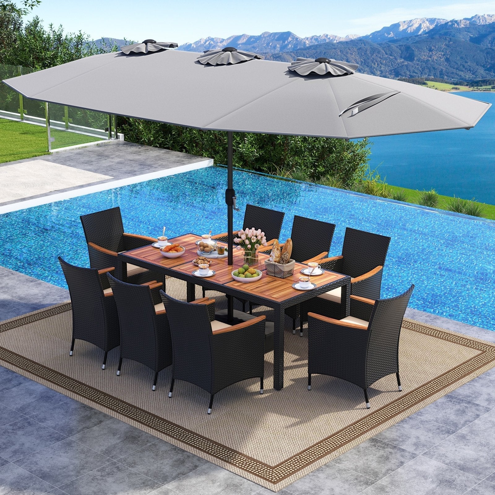 10 Piece Outdoor Dining Set with 15 Feet Double-Sided Twin Umbrella-Beige