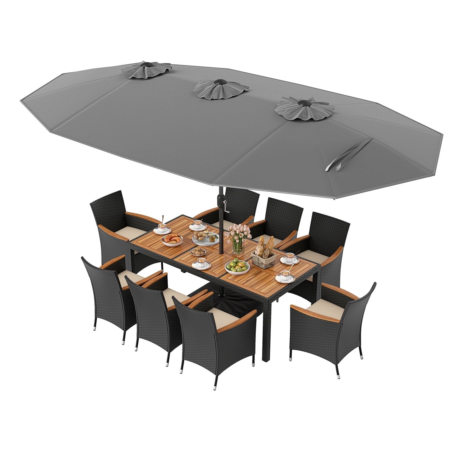 10 Piece Outdoor Dining Set with 15 Feet Double-Sided Twin Umbrella-Beige