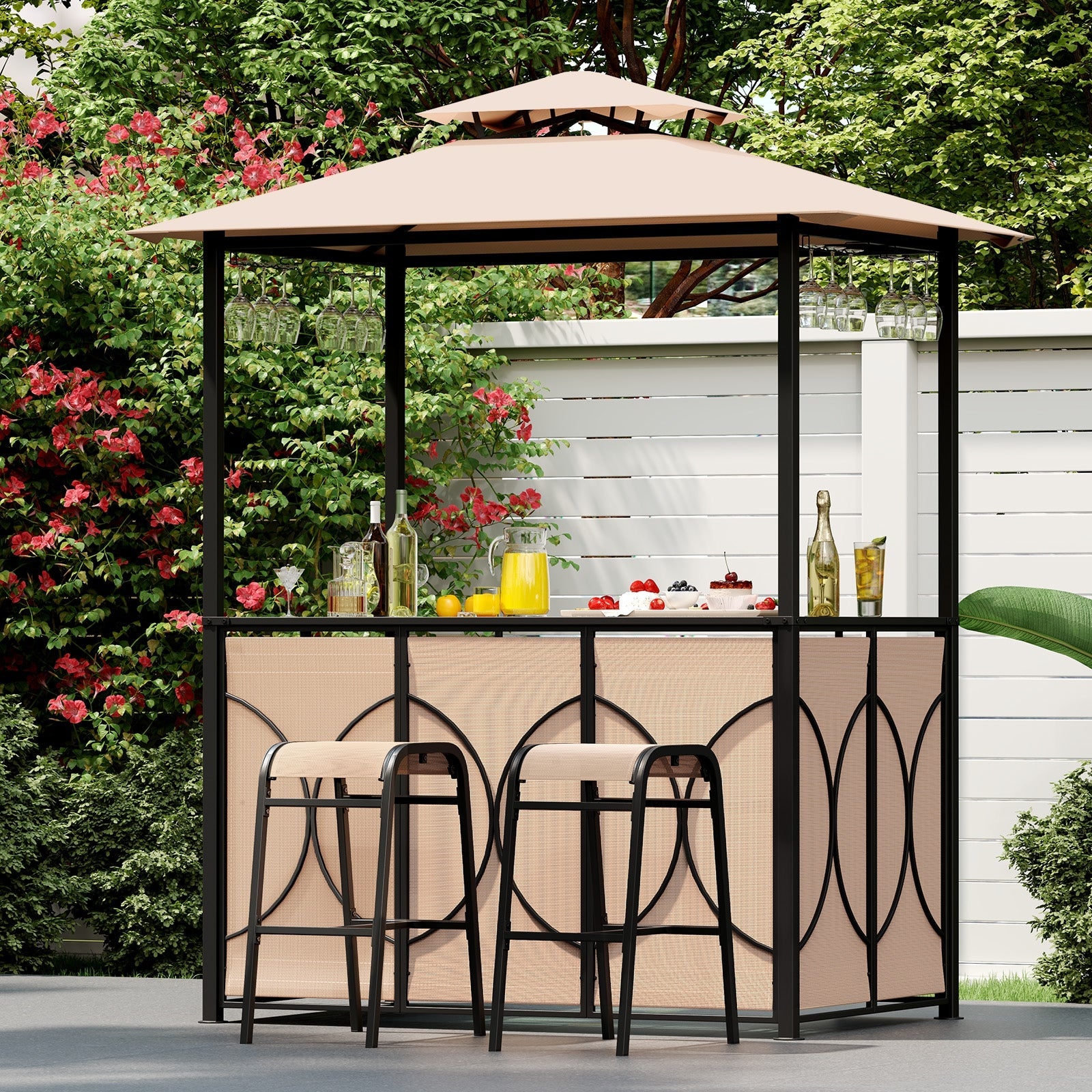 6.5 x 4 x 8 FT Grill Gazebo Set with 2 Bar Stools and Bar Table-Brown