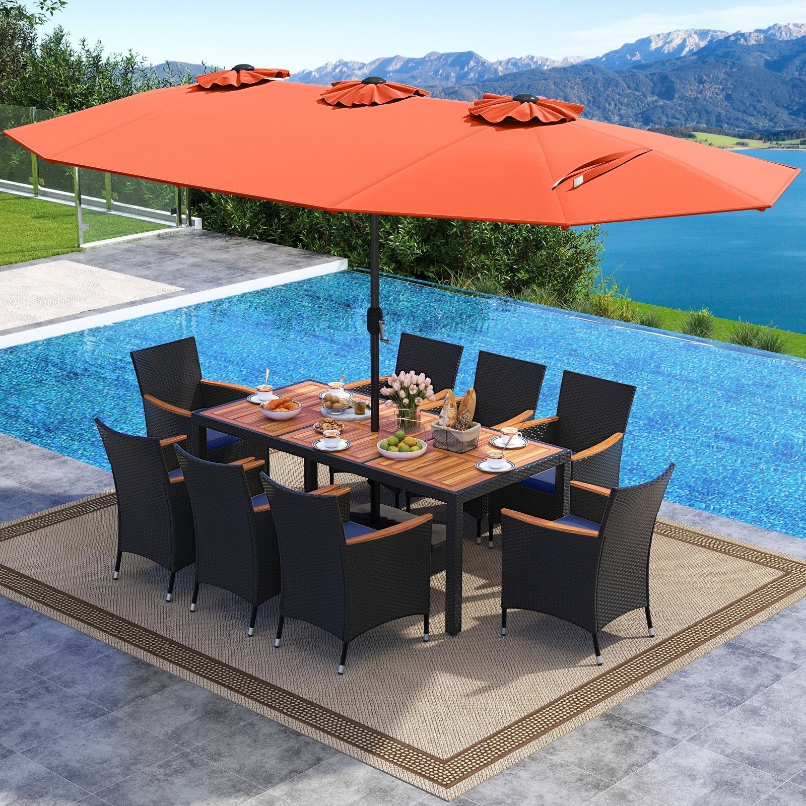 10 Piece Outdoor Patio Dining Set with 15 Feet Double-Sided Twin Umbrella-Beige
