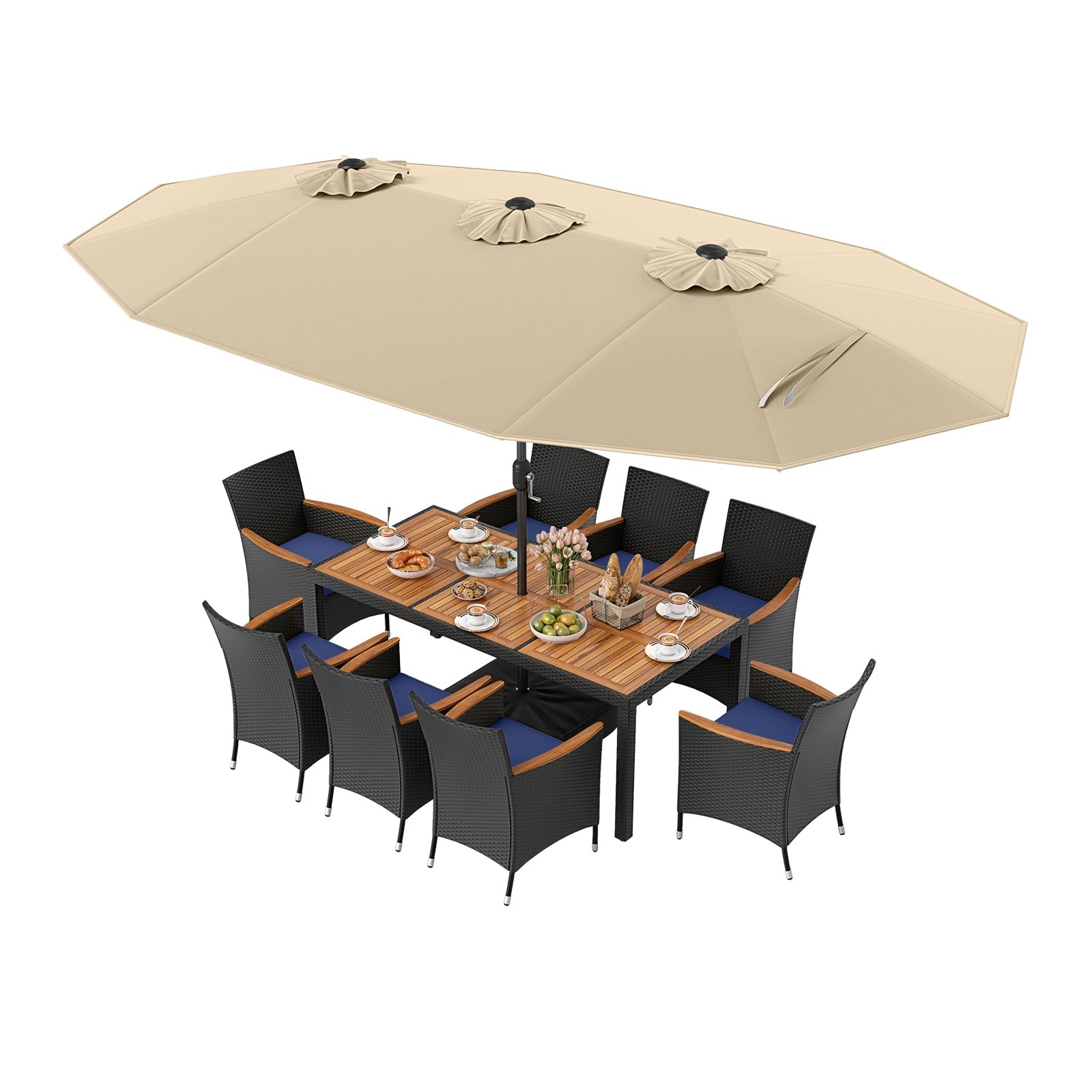 10 Piece Outdoor Patio Dining Set with 15 Feet Double-Sided Twin Umbrella-Beige