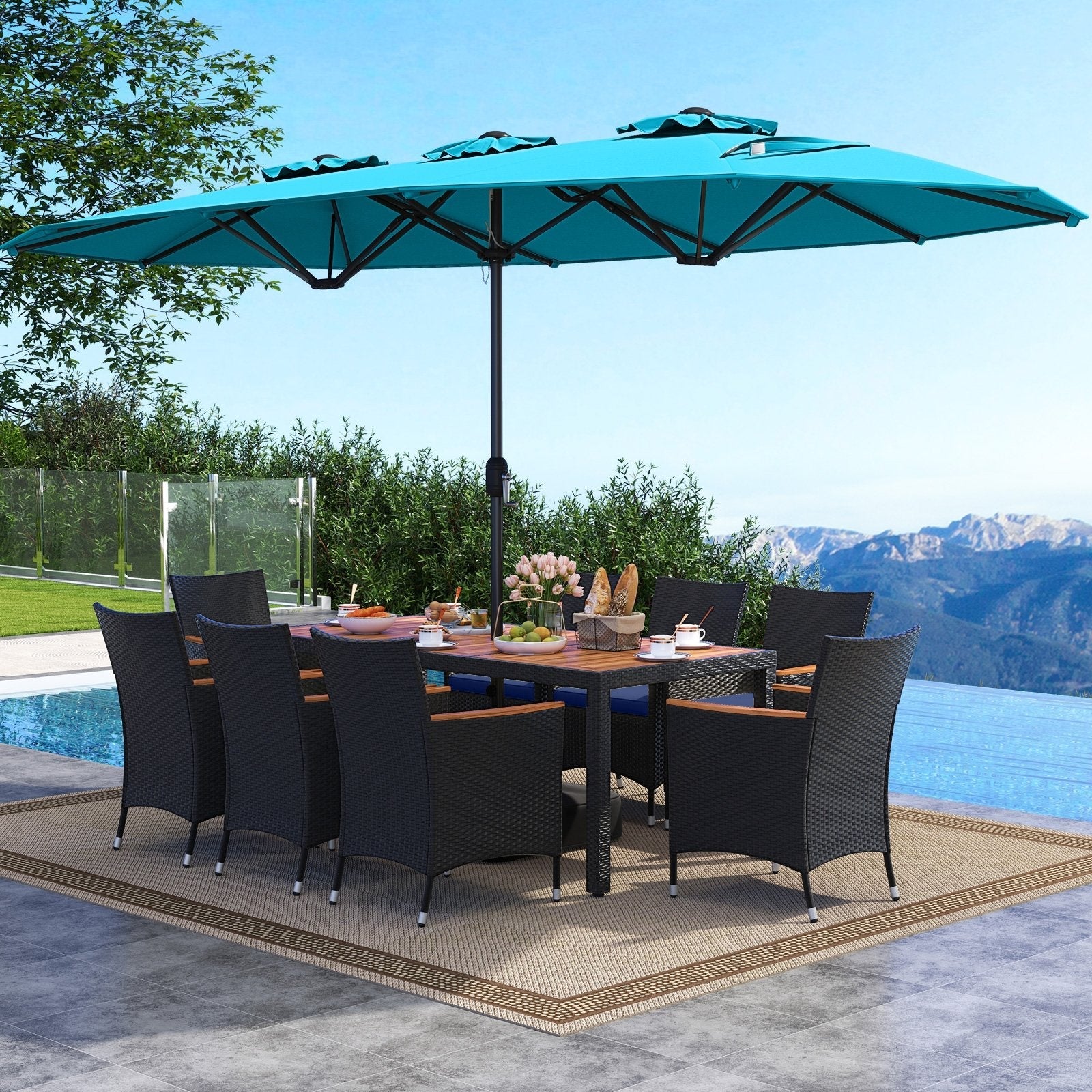 10 Piece Outdoor Patio Dining Set with 15 Feet Double-Sided Twin Umbrella-Beige