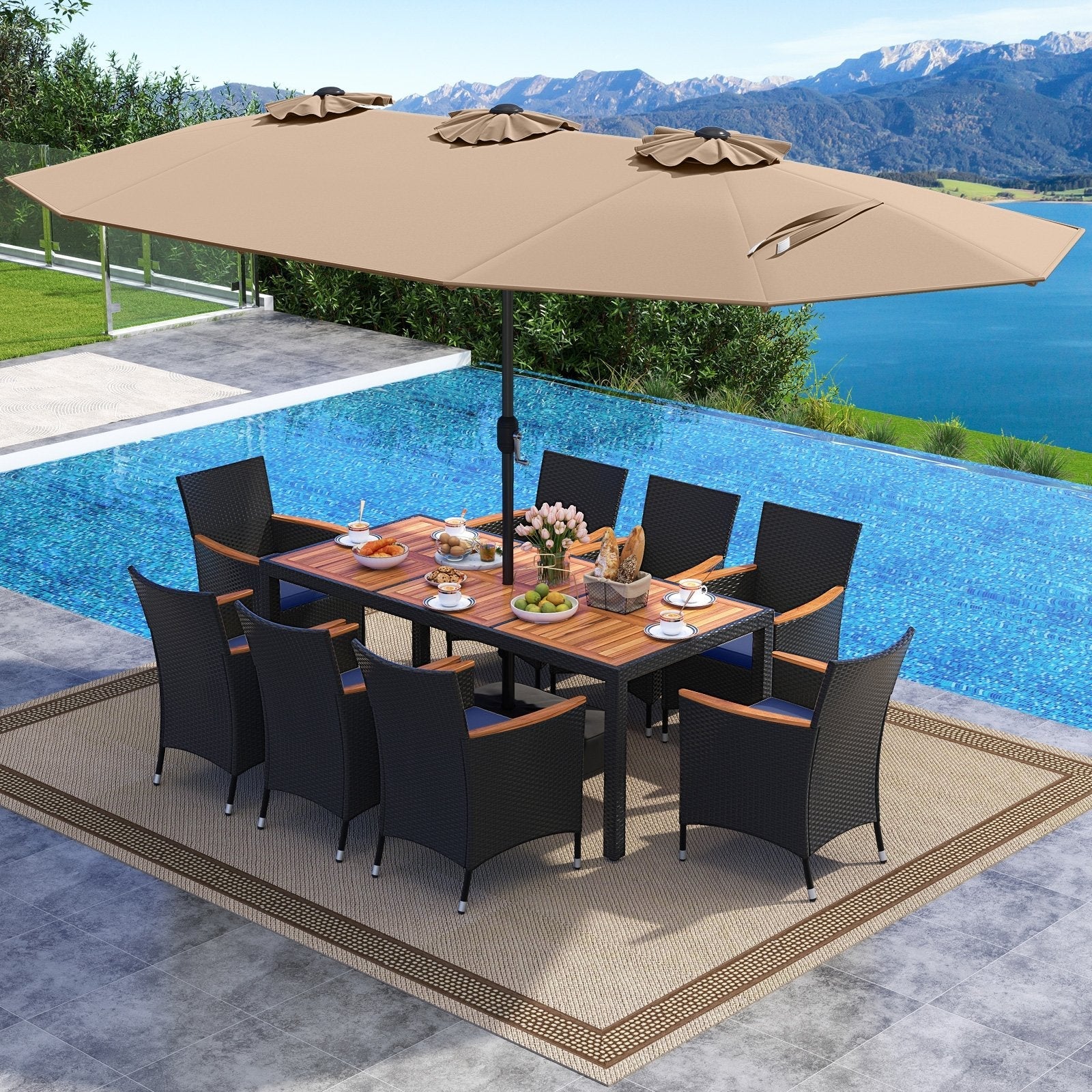 10 Piece Outdoor Patio Dining Set with 15 Feet Double-Sided Twin Umbrella-Beige