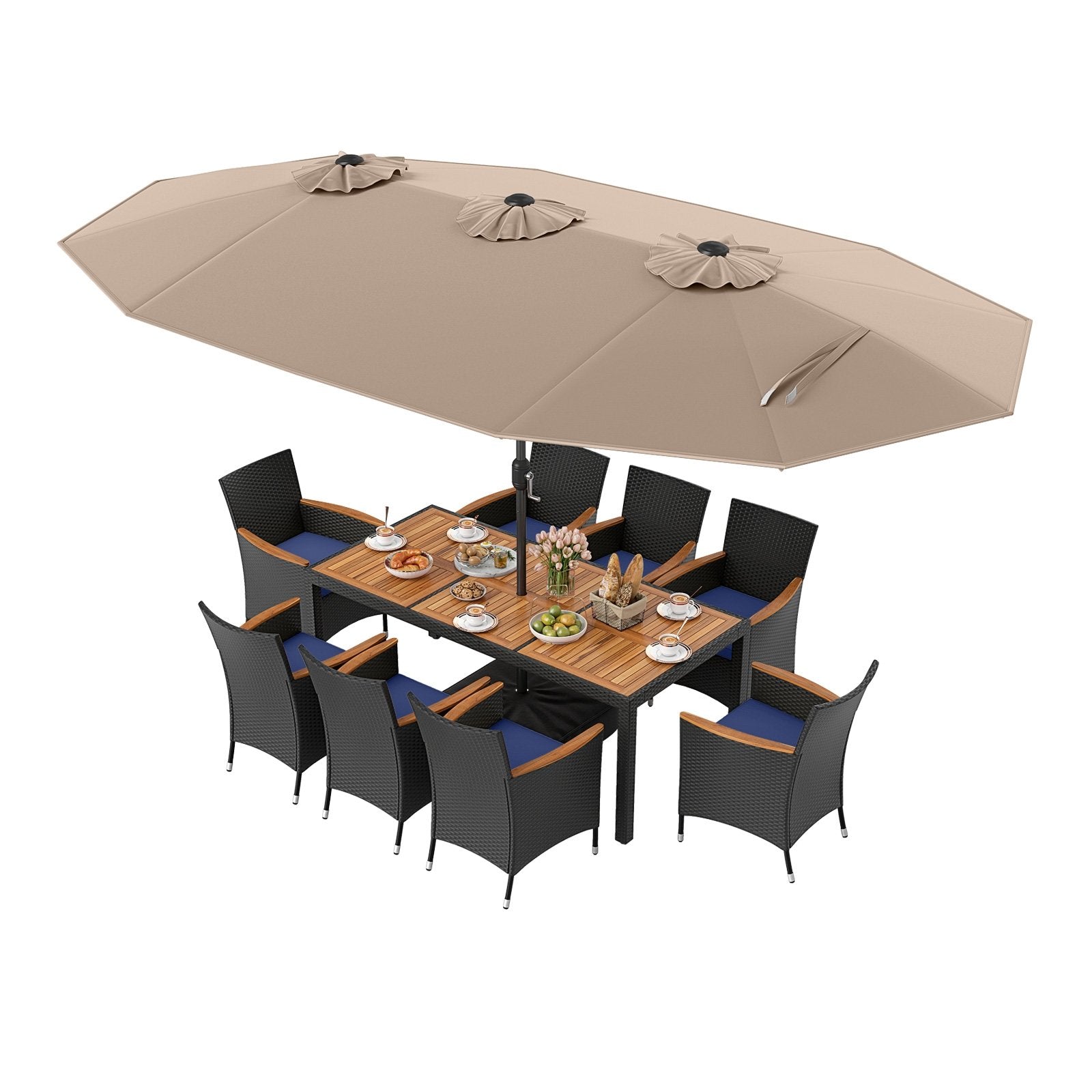 10 Piece Outdoor Patio Dining Set with 15 Feet Double-Sided Twin Umbrella-Beige