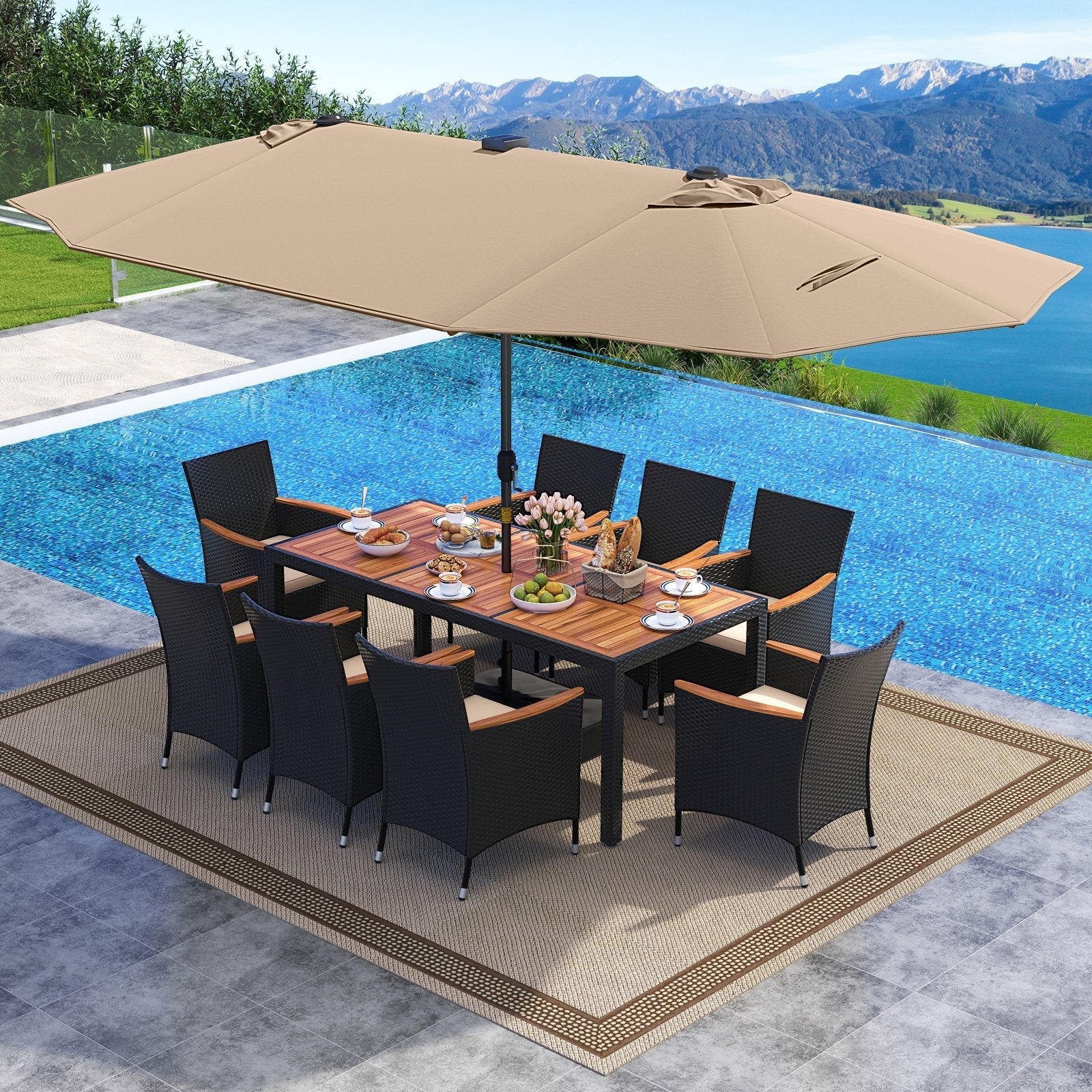 11 Pieces Patio Dining Set with LED Patio Umbrella with Base and Seat Cushions (Beige)-Beige