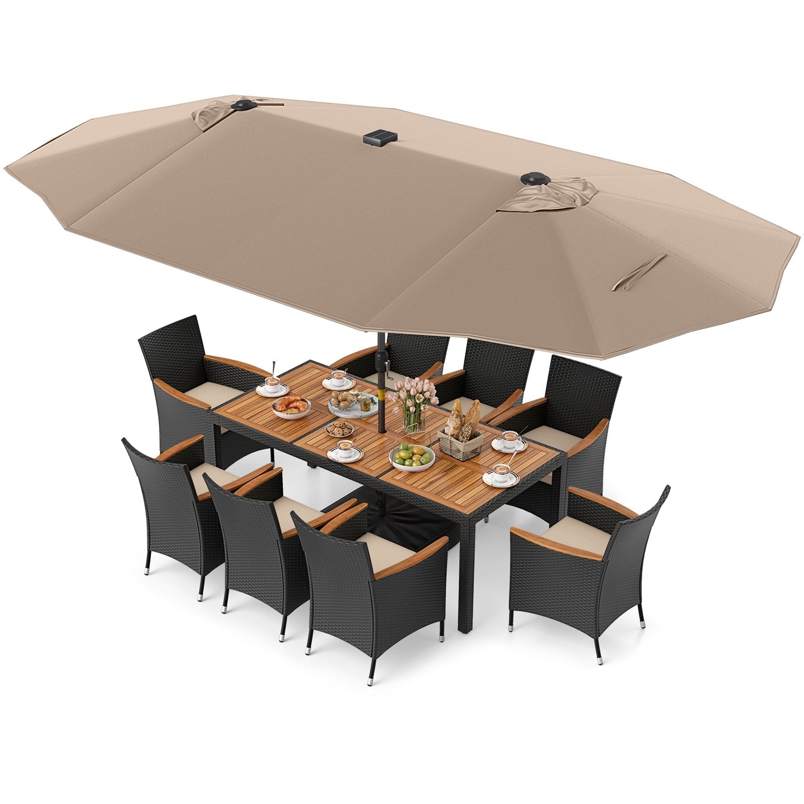 11 Pieces Patio Dining Set with LED Patio Umbrella with Base and Seat Cushions (Beige)-Beige