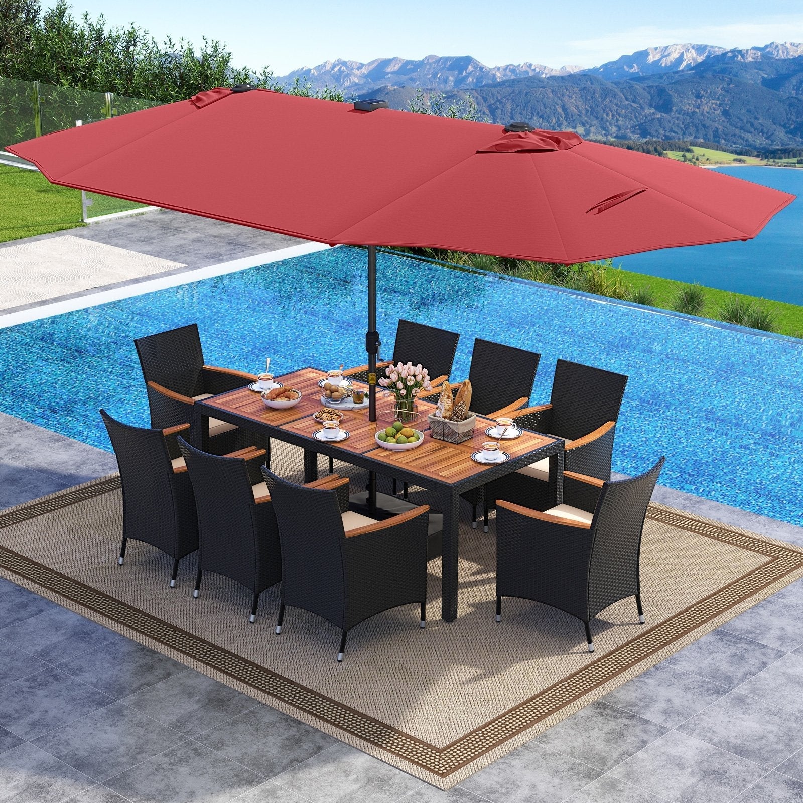 11 Pieces Patio Dining Set with LED Patio Umbrella with Base and Seat Cushions (Beige)-Beige