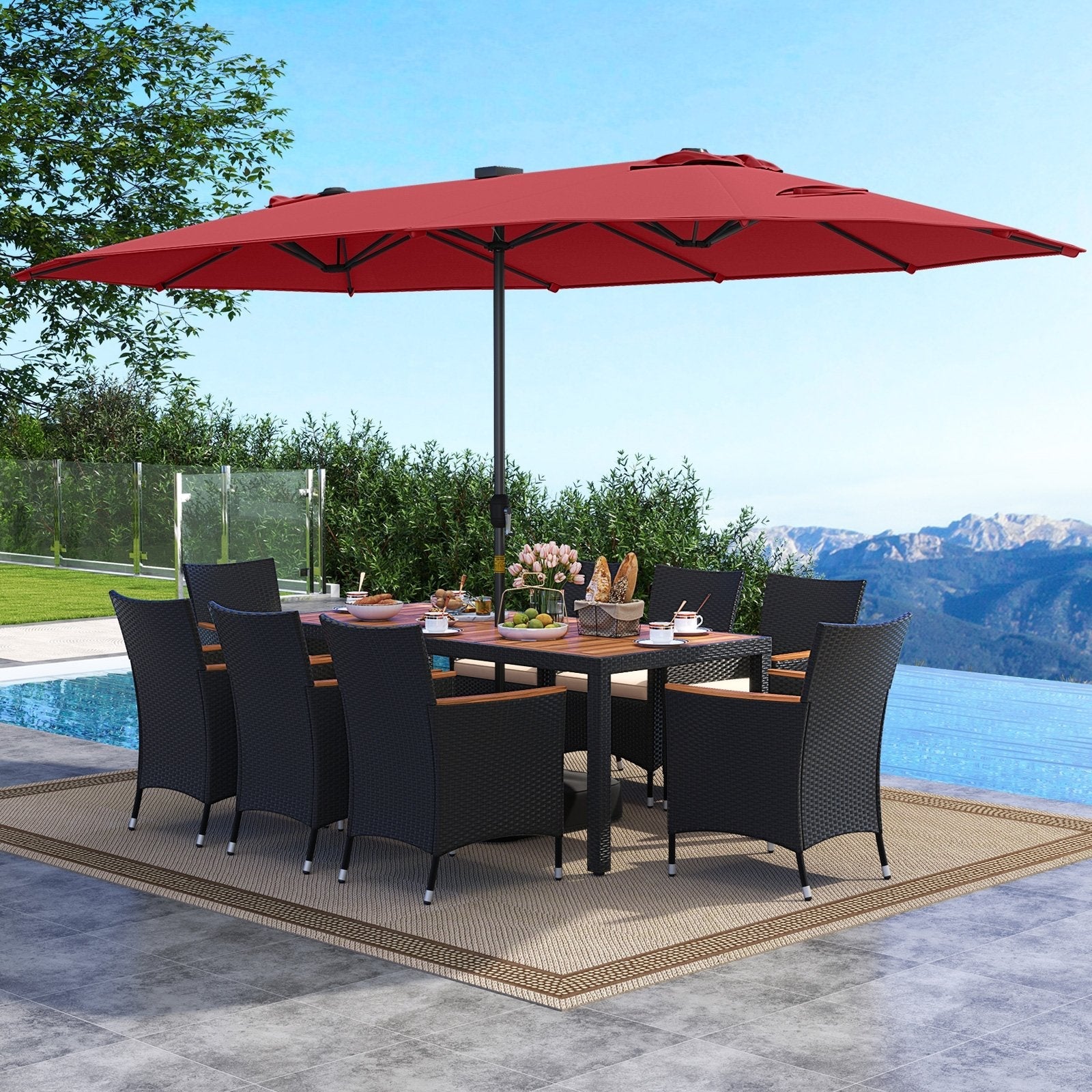 11 Pieces Patio Dining Set with LED Patio Umbrella with Base and Seat Cushions (Beige)-Beige