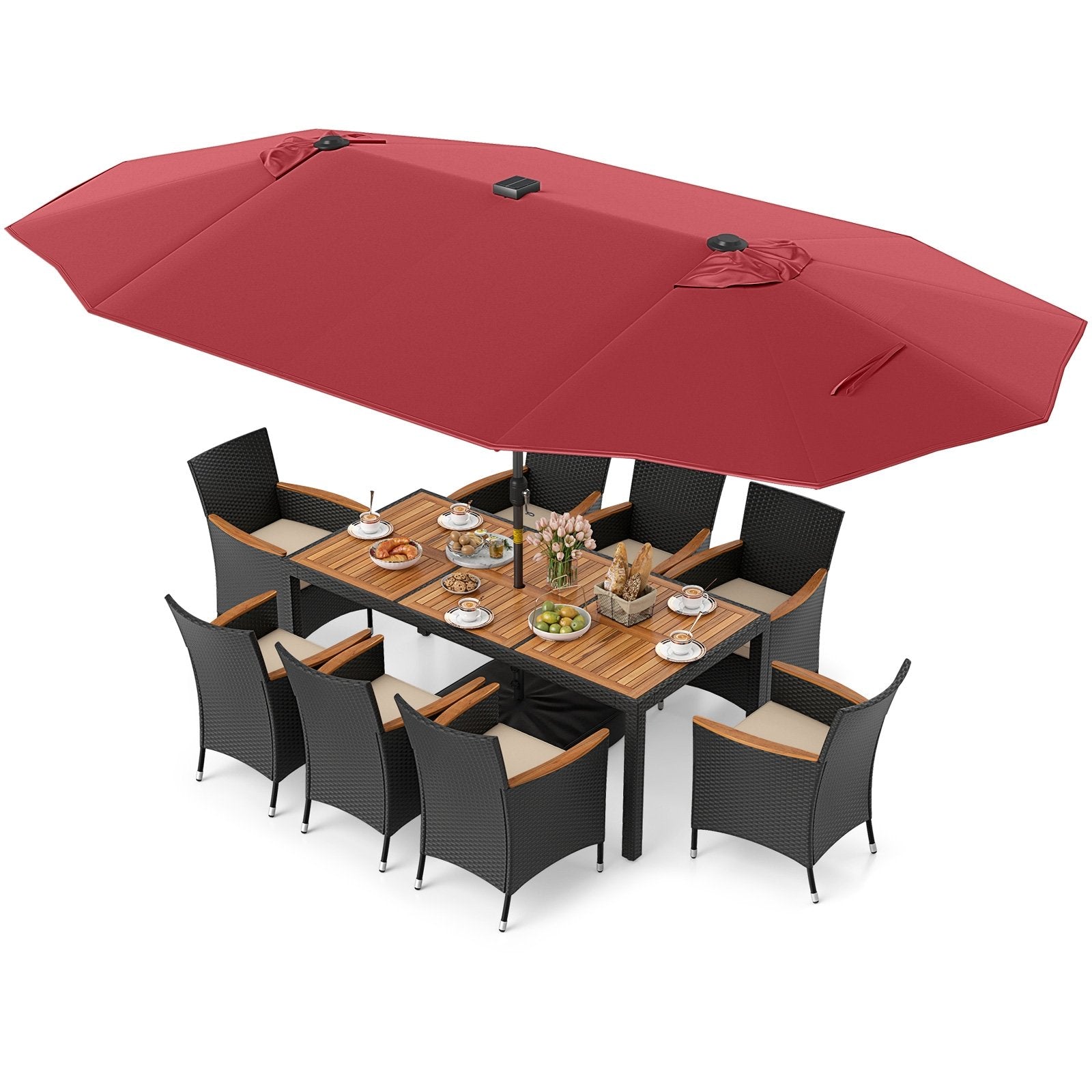 11 Pieces Patio Dining Set with LED Patio Umbrella with Base and Seat Cushions (Beige)-Beige