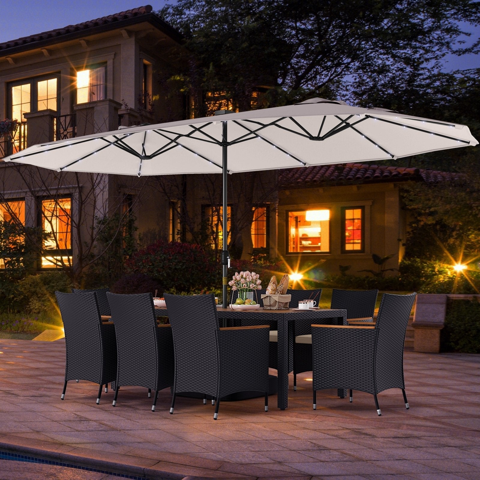 11 Pieces Patio Dining Set with LED Patio Umbrella with Base and Seat Cushions (Beige)-Beige