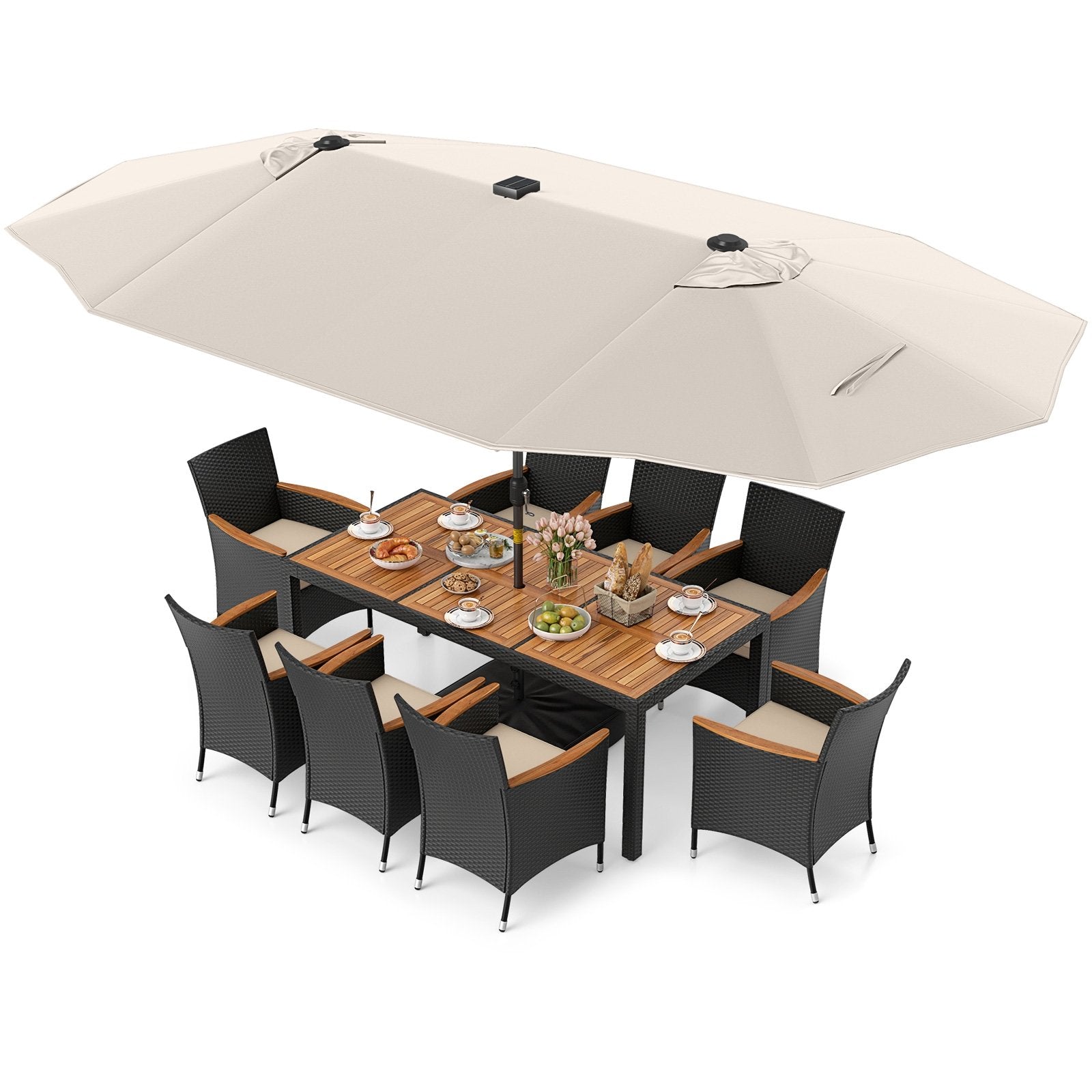 11 Pieces Patio Dining Set with LED Patio Umbrella with Base and Seat Cushions (Beige)-Beige