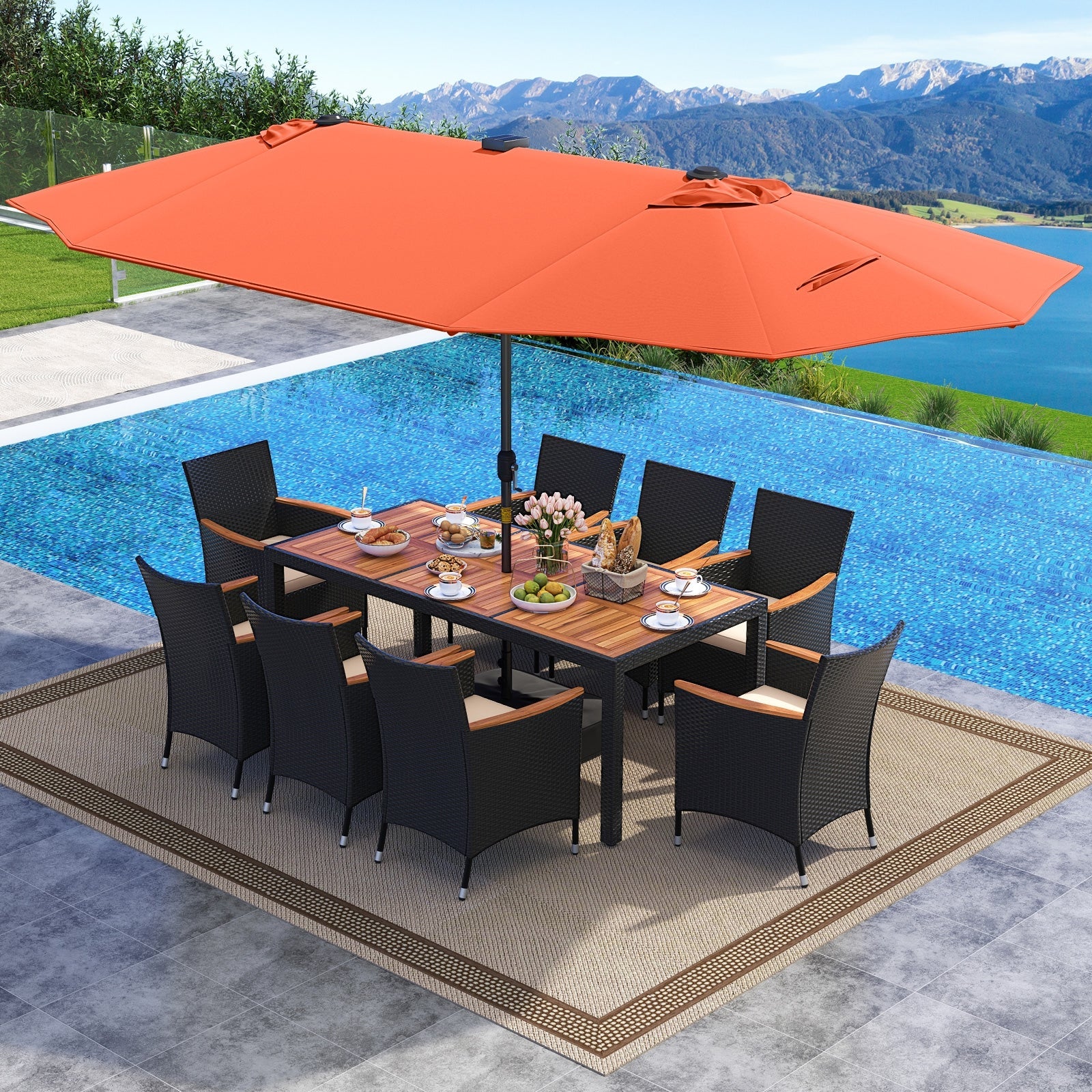 11 Pieces Patio Dining Set with LED Patio Umbrella with Base and Seat Cushions (Beige)-Beige