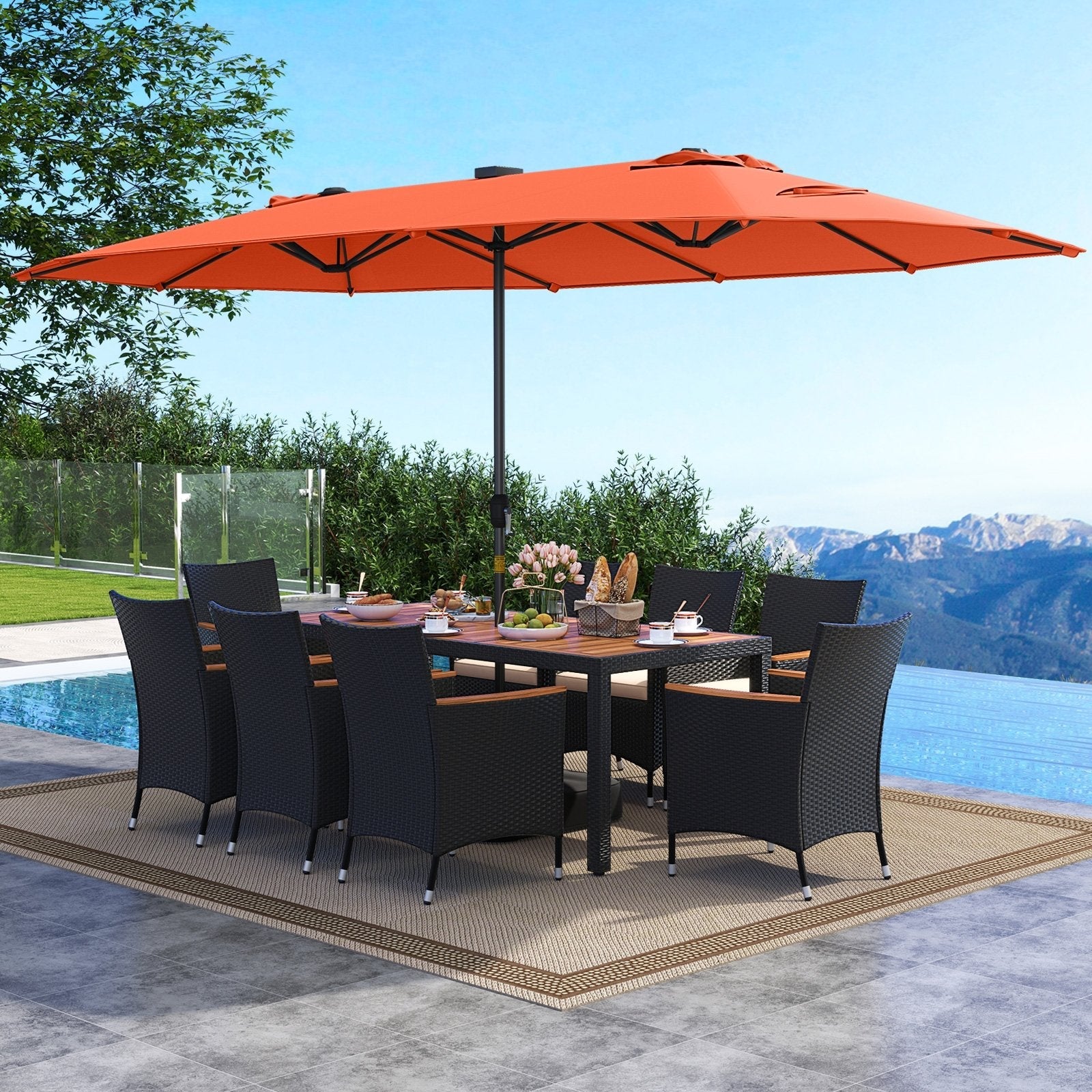 11 Pieces Patio Dining Set with LED Patio Umbrella with Base and Seat Cushions (Beige)-Beige