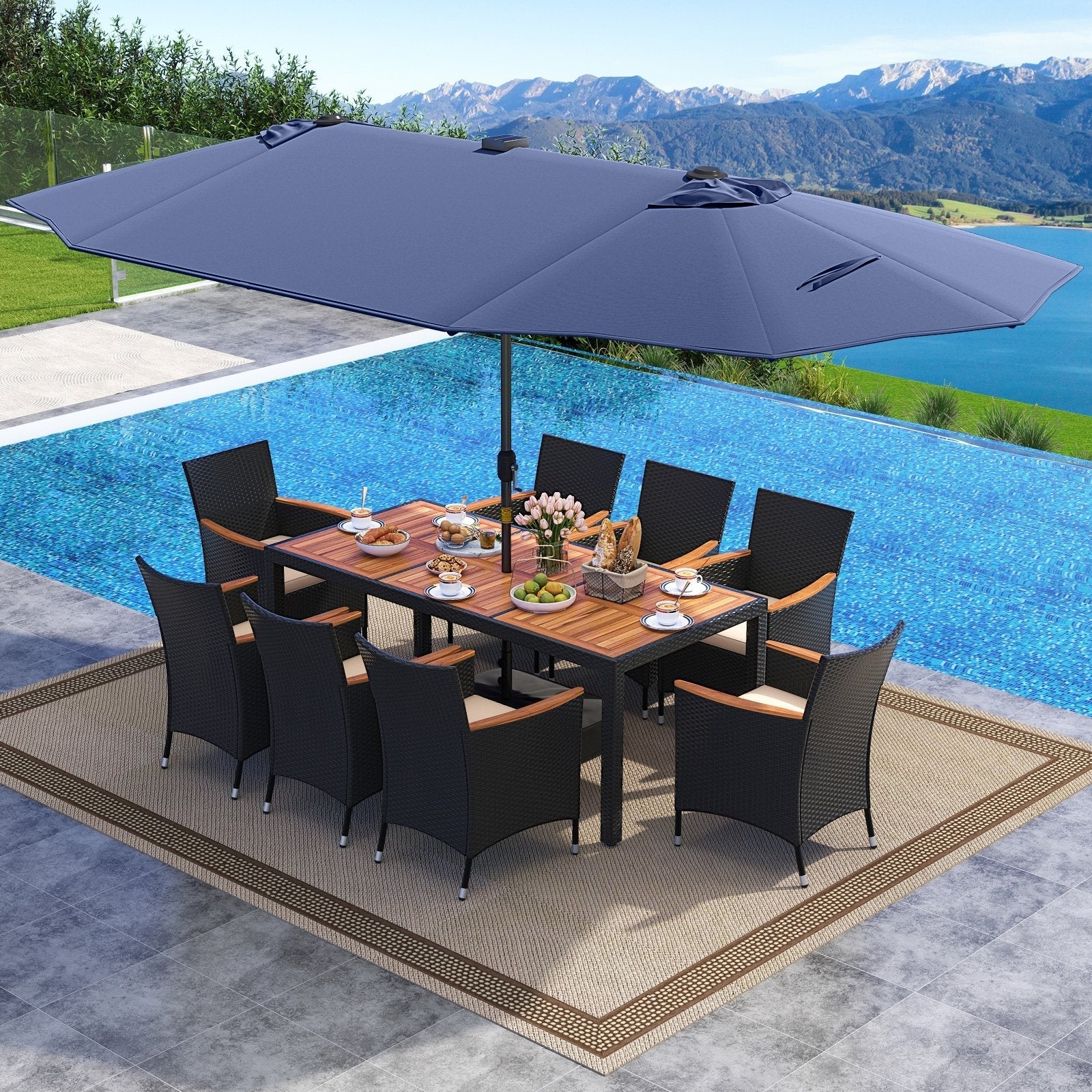 11 Pieces Patio Dining Set with LED Patio Umbrella with Base and Seat Cushions (Beige)-Navy