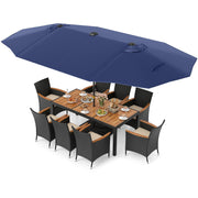 11 Pieces Patio Dining Set with LED Patio Umbrella with Base and Seat Cushions (Beige)-Navy