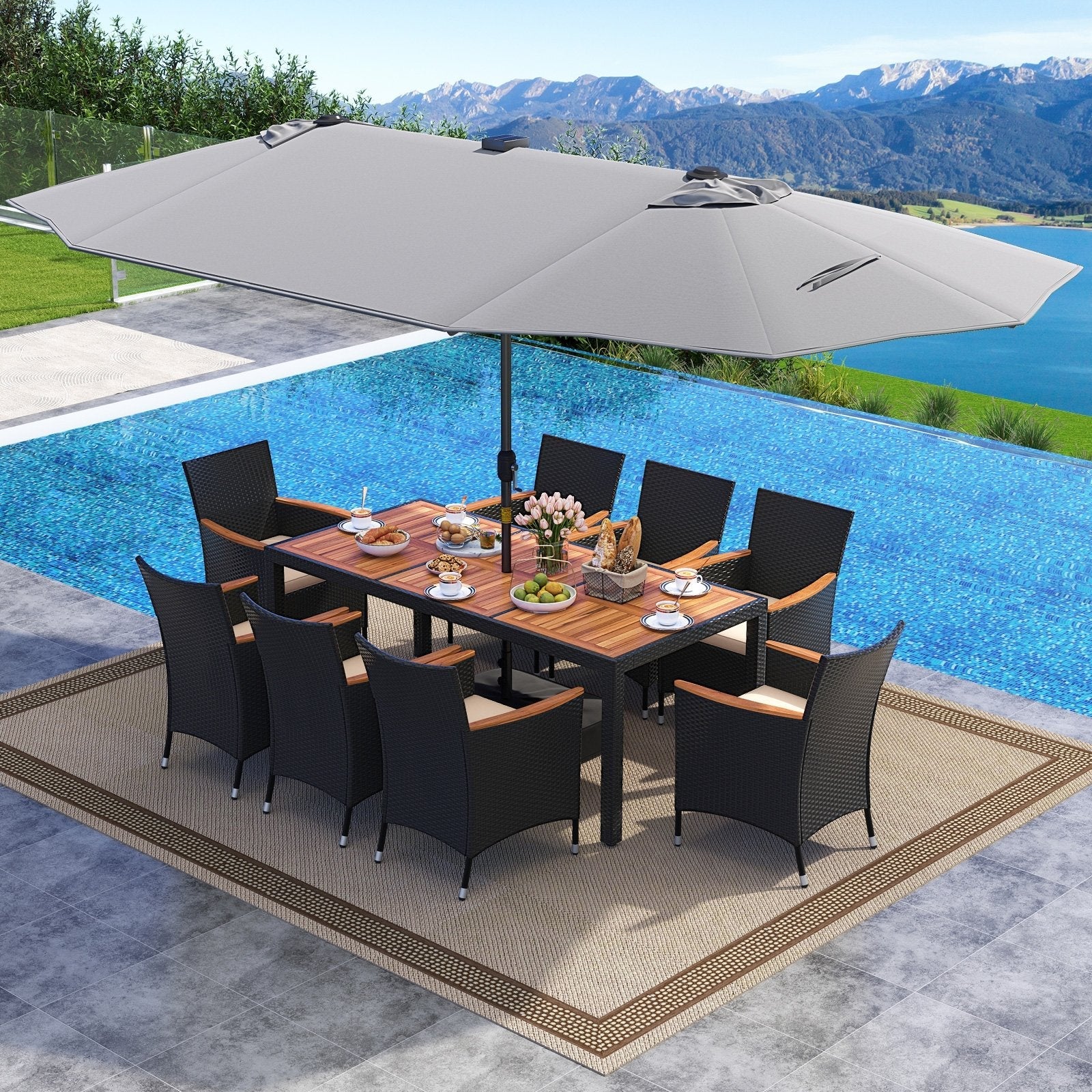 11 Pieces Patio Dining Set with LED Patio Umbrella with Base and Seat Cushions (Beige)-Beige