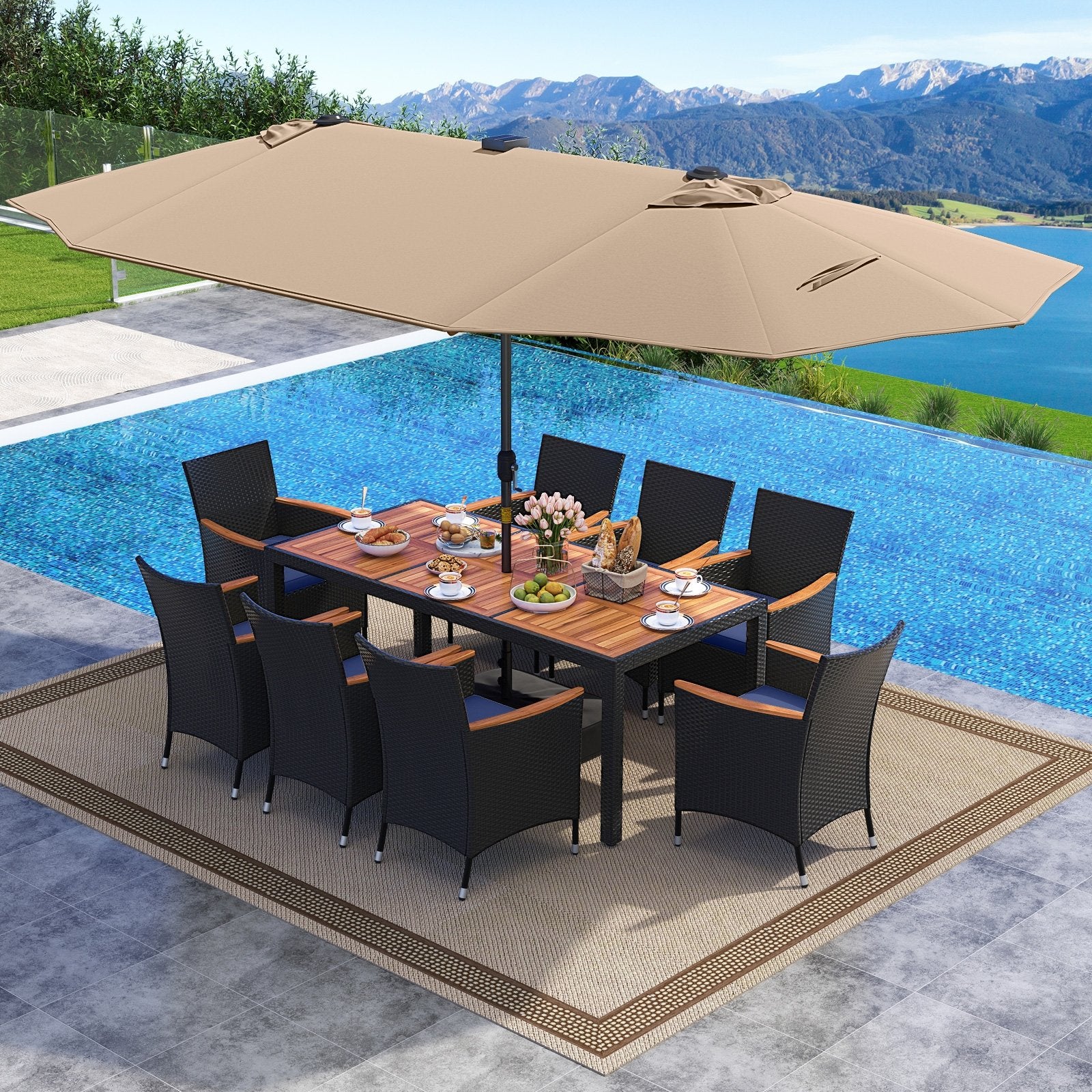 11 Pieces Patio Dining Set with LED Patio Umbrella with Base and Seat Cushions (Navy)-Beige