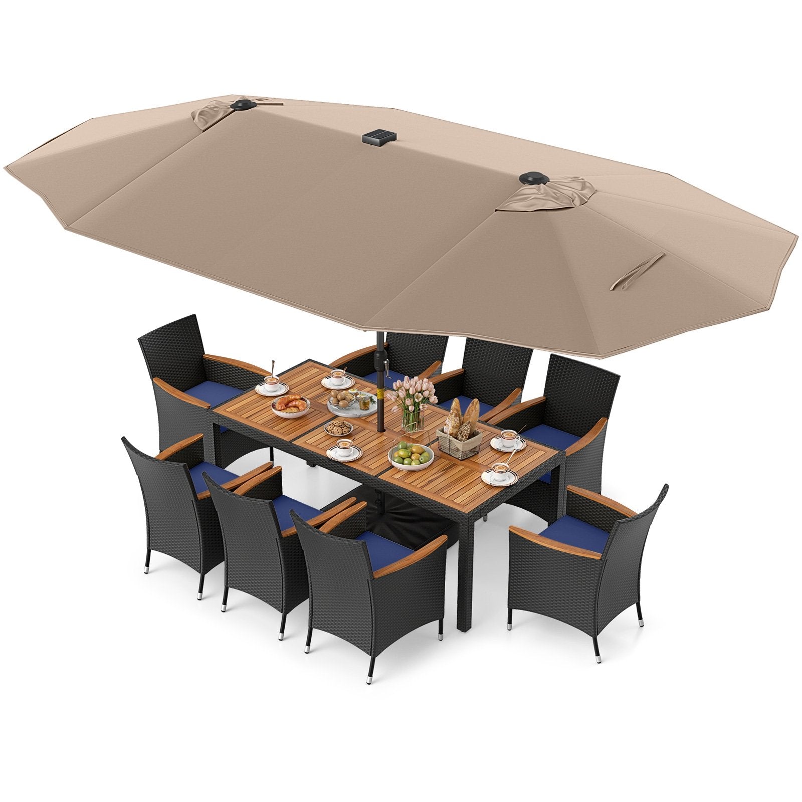 11 Pieces Patio Dining Set with LED Patio Umbrella with Base and Seat Cushions (Navy)-Beige