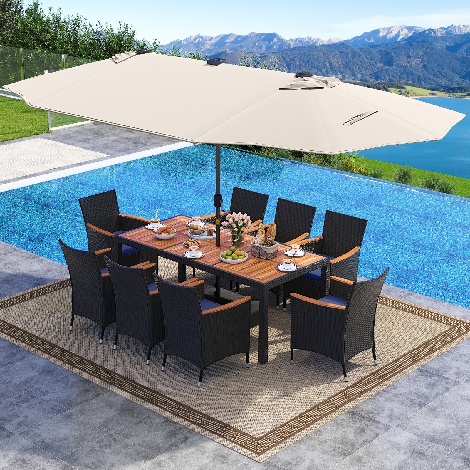 11 Pieces Patio Dining Set with LED Patio Umbrella with Base and Seat Cushions (Navy)-Beige